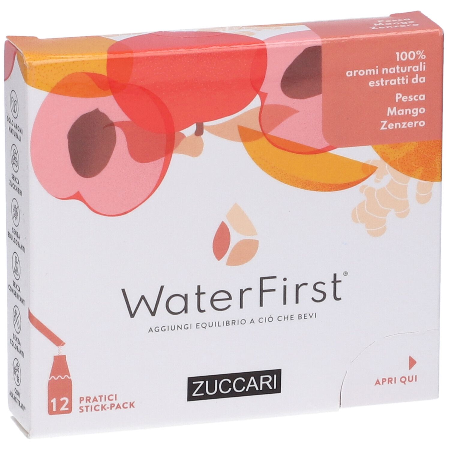 Scatola WaterFirst, 12 stick-pack. Gusti: pesca, mango, zenzero. Marchio Zuccari.