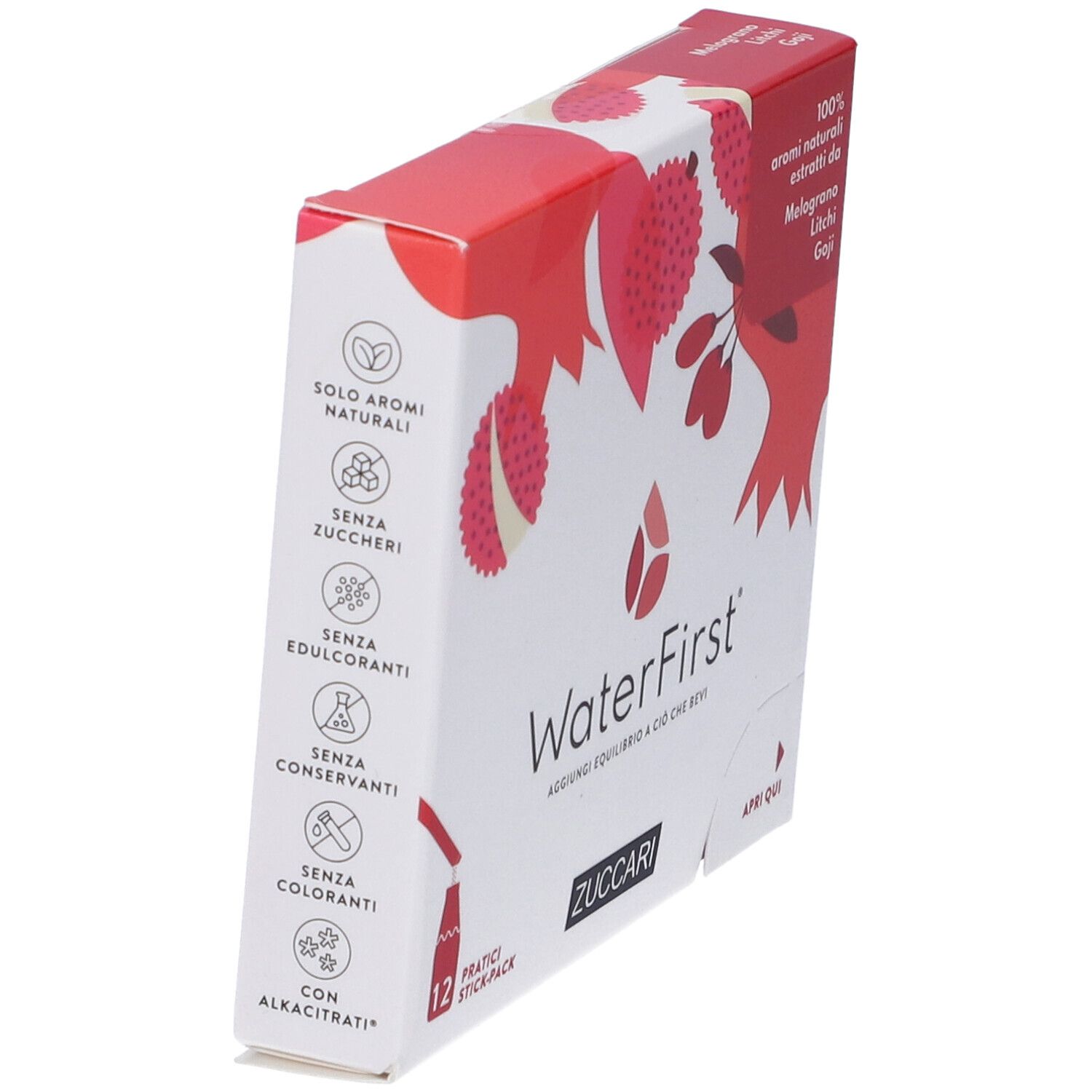 Confezione WaterFirst, 12 stick. Scritte Melograno, Litchi, Goji. Senza zuccheri, conservanti. Marchio Zuccari.