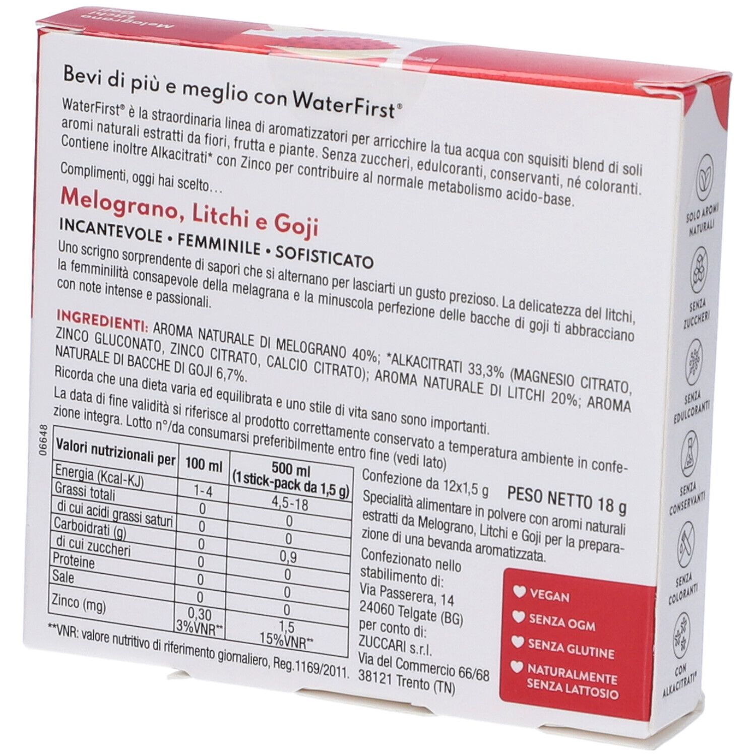 Retro confezione WaterFirst. Testo ingredienti, valori nutrizionali e certificazioni. Marchio Zuccari.