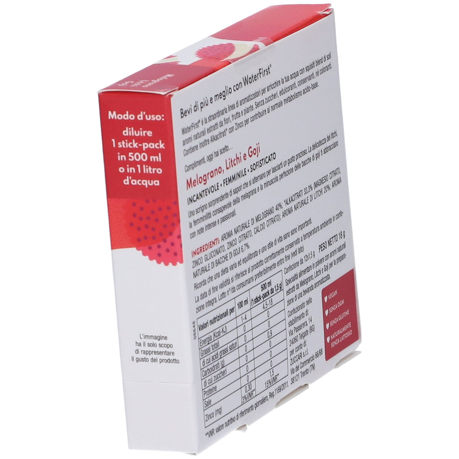 Confezione WaterFirst, retro. Testo ingredienti, valori nutrizionali e modo d'uso. Marchio Zuccari.