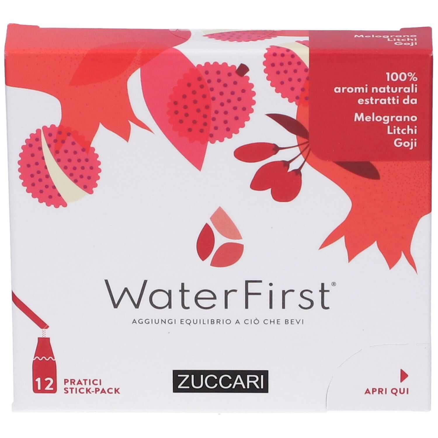 Confezione WaterFirst, 12 stick-pack. Scritte Melograno, Litchi, Goji. Marchio Zuccari.