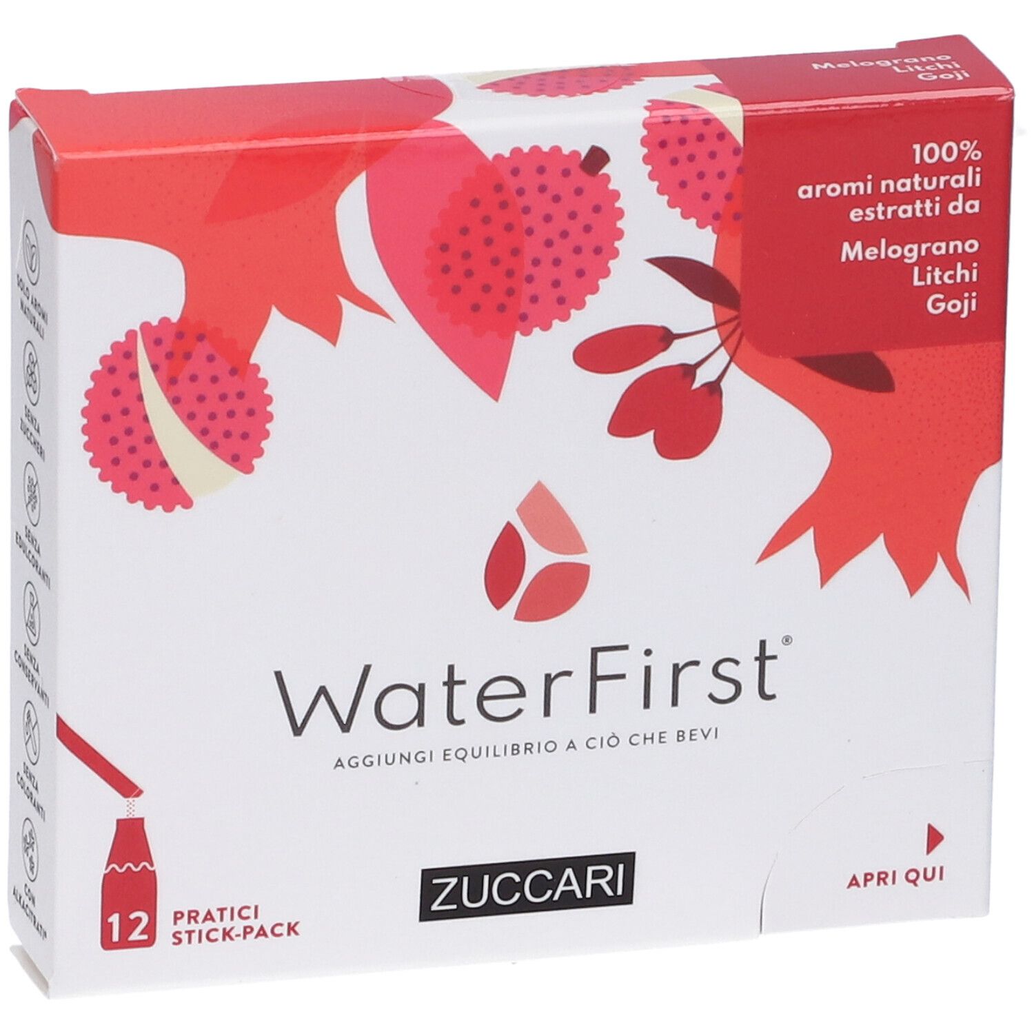 Confezione WaterFirst, 12 stick-pack. Scritte Melograno, Litchi, Goji. Marchio Zuccari.