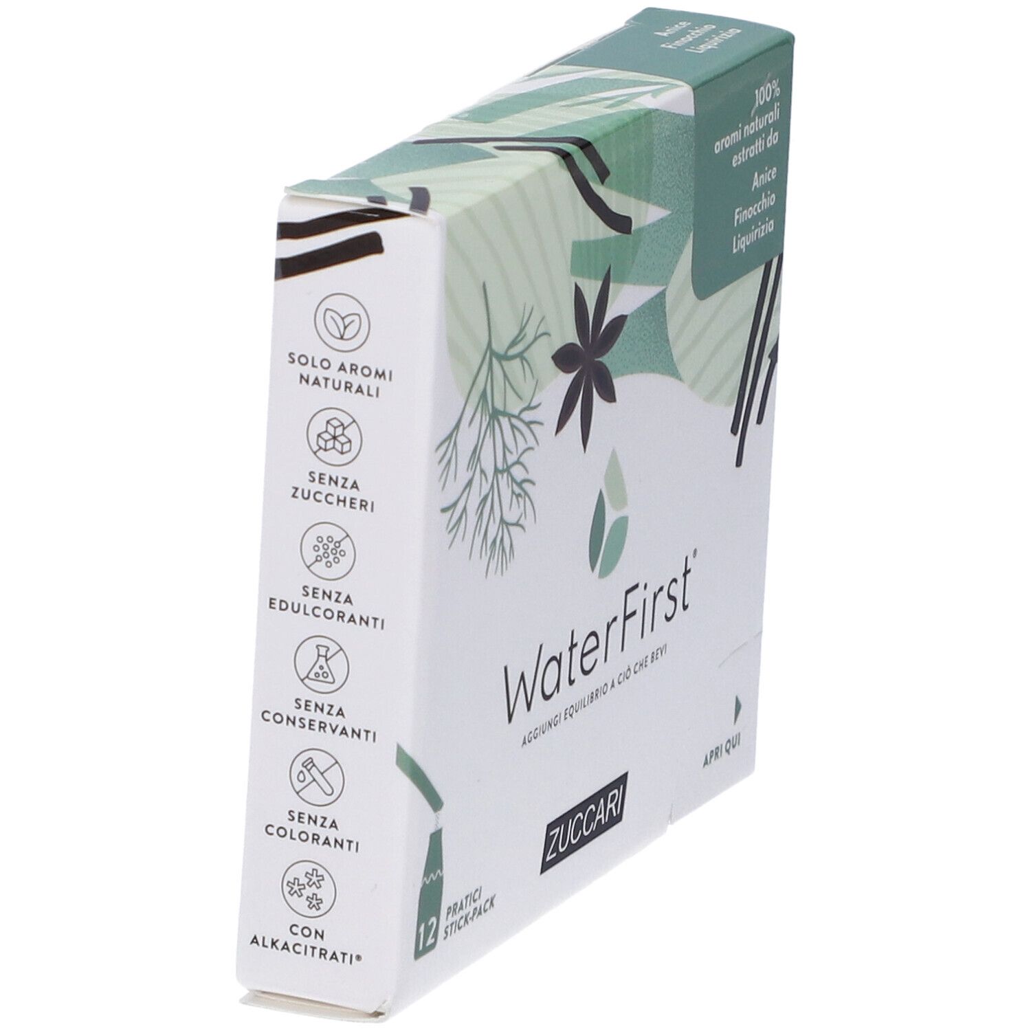 Confezione WaterFirst. Scritto: Solo aromi naturali, senza zuccheri, senza edulcoranti, senza conservanti, senza coloranti. 12 stick.