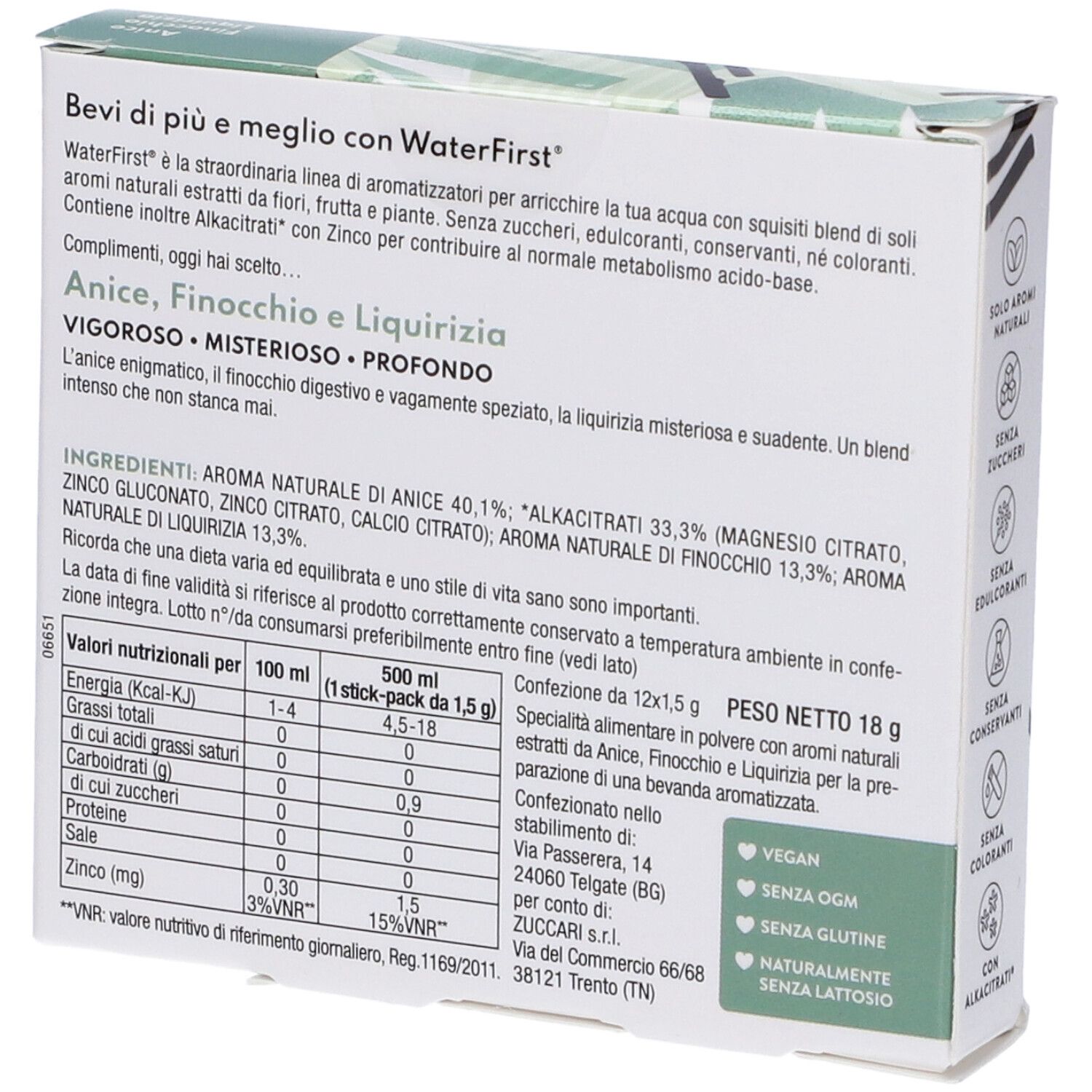 Retro confezione WaterFirst. Testo su ingredienti e valori nutrizionali. Vegano, senza OGM, senza lattosio. Marchio Zuccari.