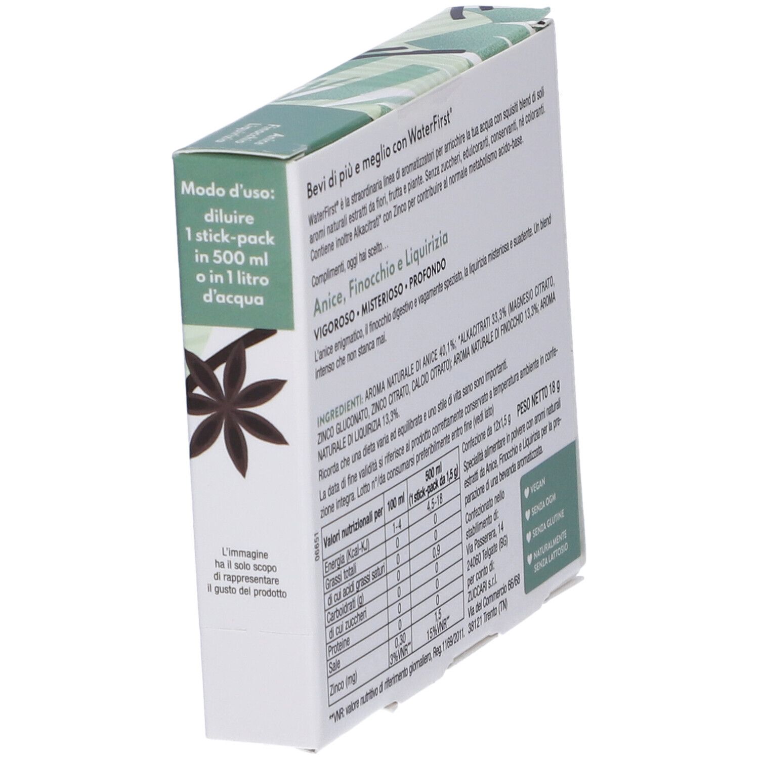 Confezione WaterFirst, vista laterale. Testo sull'uso. Ingredienti e informazioni nutrizionali. Marchio Zuccari.