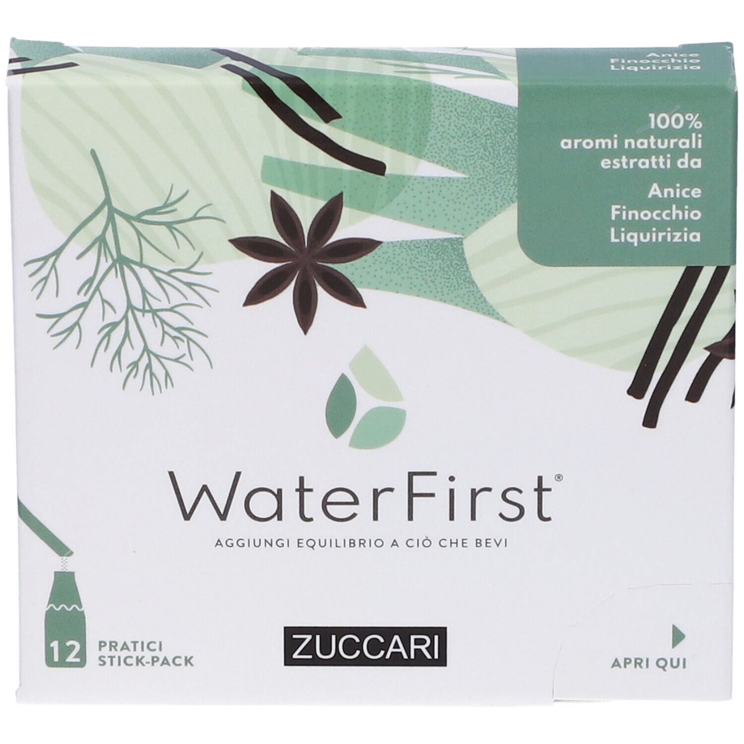 Confezione WaterFirst. Scritto: Anice, Finocchio, Liquirizia. 12 stick-pack pratici. Marchio Zuccari.
