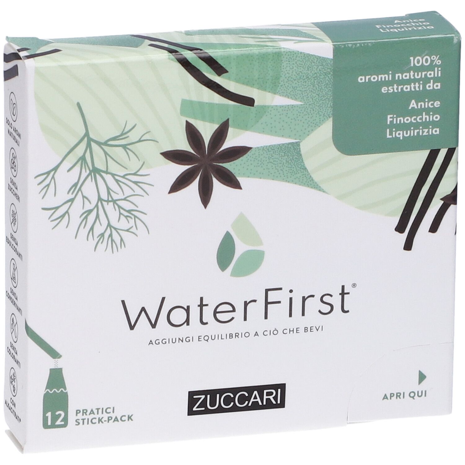 Confezione WaterFirst. Scritto: Anice, Finocchio, Liquirizia. 12 stick-pack pratici. Marchio Zuccari.