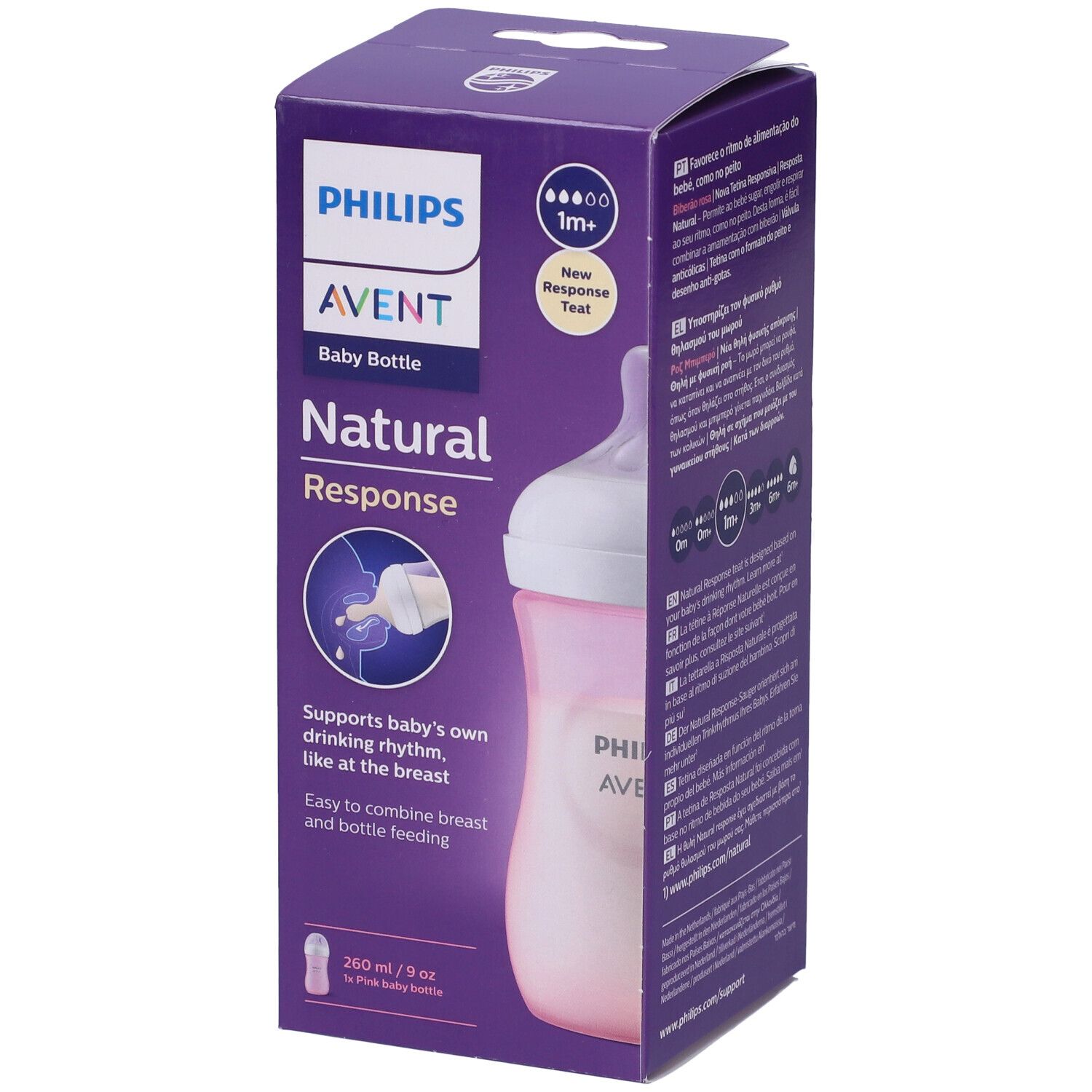 Confezione di biberon rosa. Scritta Philips Avent Natural Response.