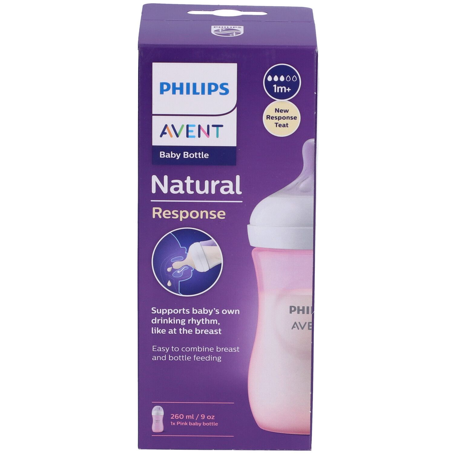 Confezione di biberon rosa. Scritta Philips Avent Natural Response.