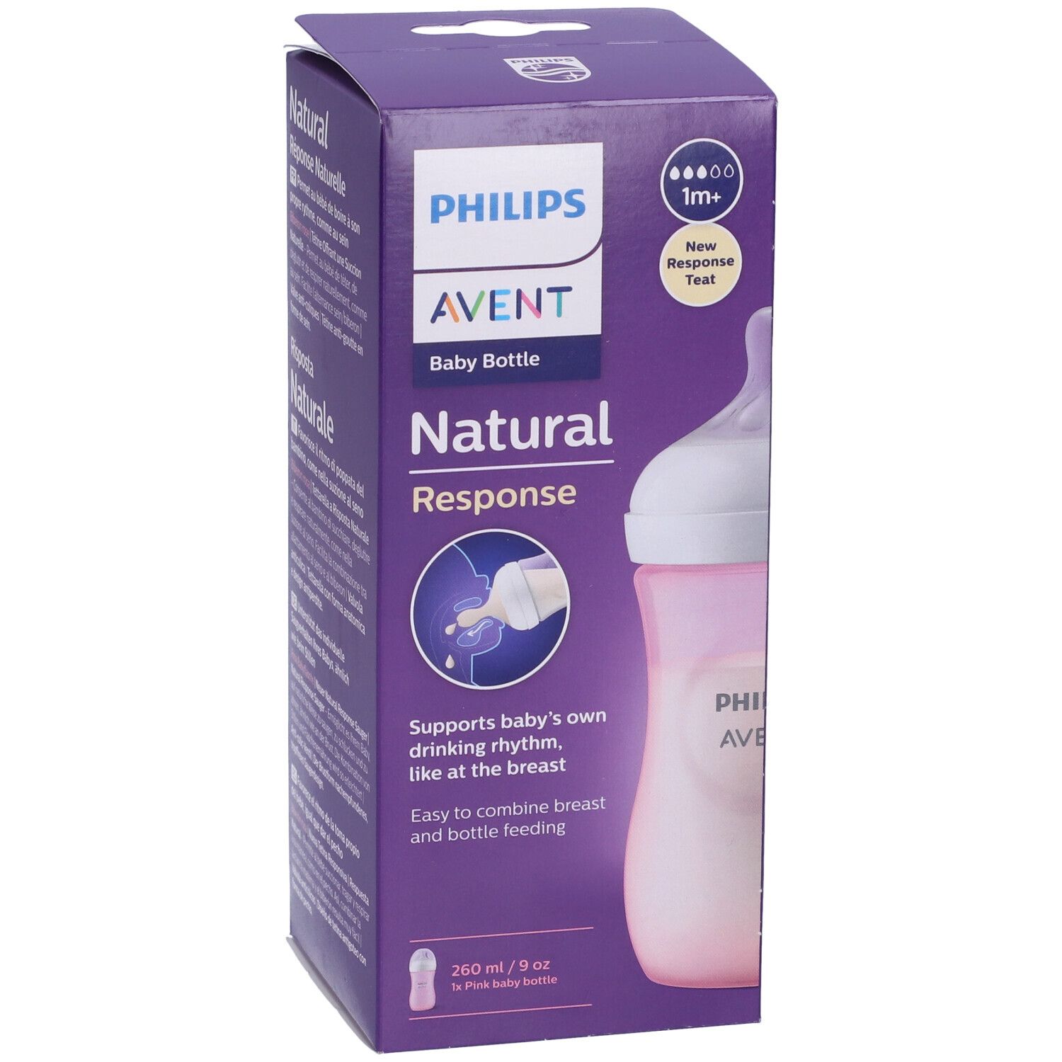Confezione di biberon rosa. Scritta Philips Avent Natural Response.
