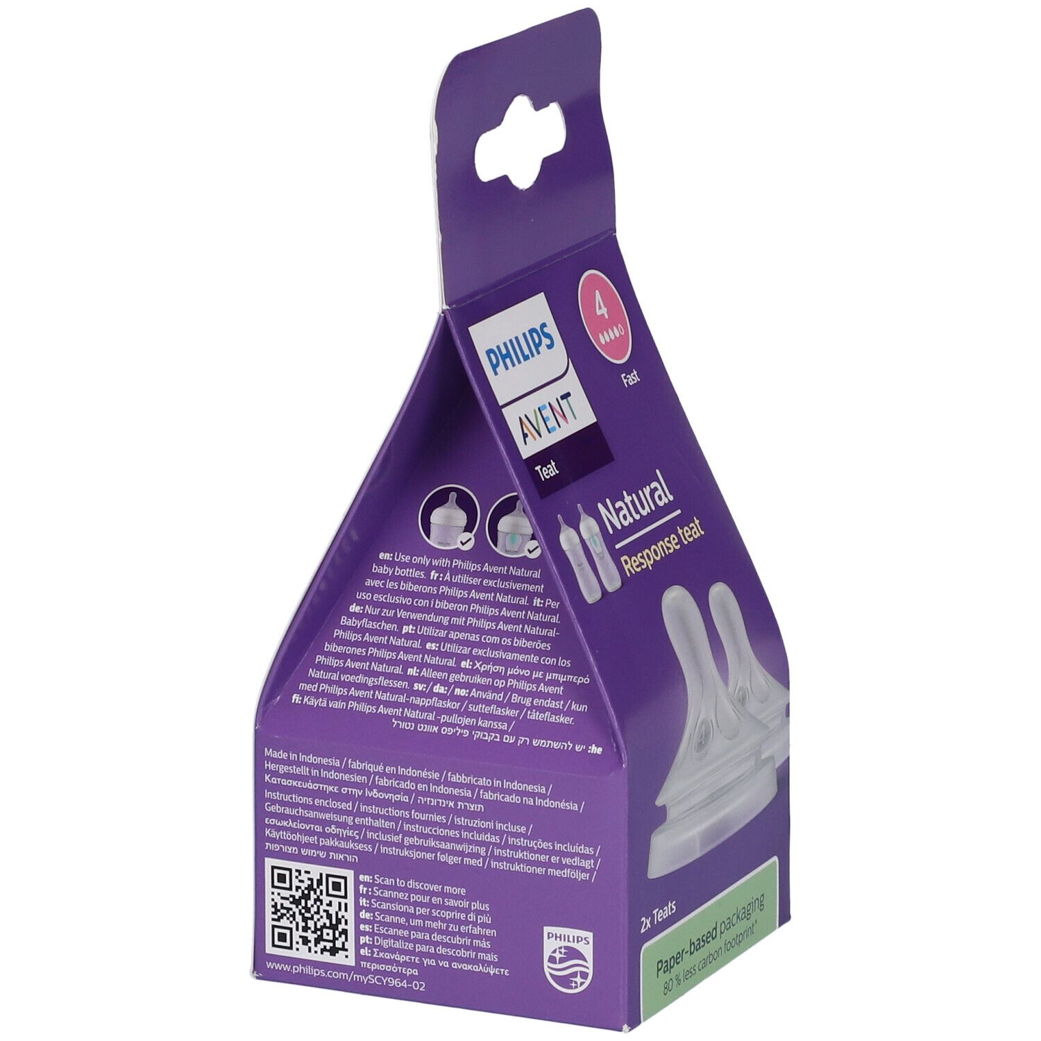 Retro confezione Philips Avent Natural Response. Testo e QR code. Scatola viola. 2 tettarelle. Imballaggio in carta.
