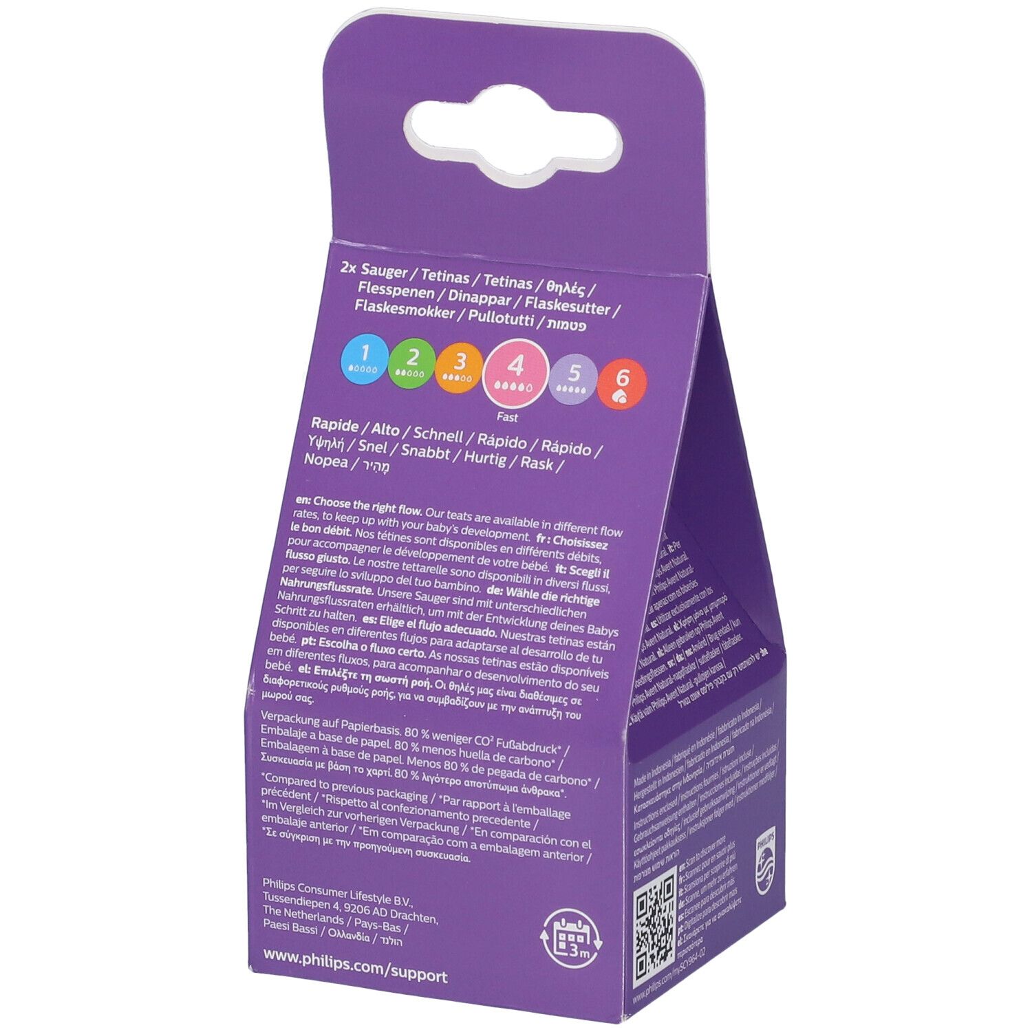 Retro confezione Philips Avent Natural Response. Diagramma flussi. Scatola viola. 2 tettarelle. Imballaggio in carta.