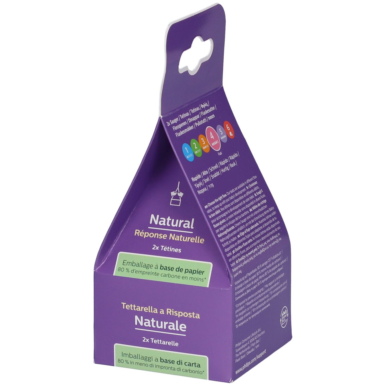 Confezione Philips Avent Natural Response. 2 tettarelle. Scatola viola. Testo: Tettarella a Risposta Naturale. Imballaggio carta.