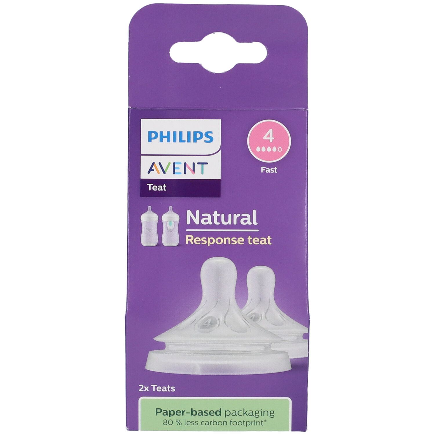 Confezione Philips Avent Natural Response. Due tettarelle visibili. Scatola viola. 4 fori, veloce. Imballaggio carta.