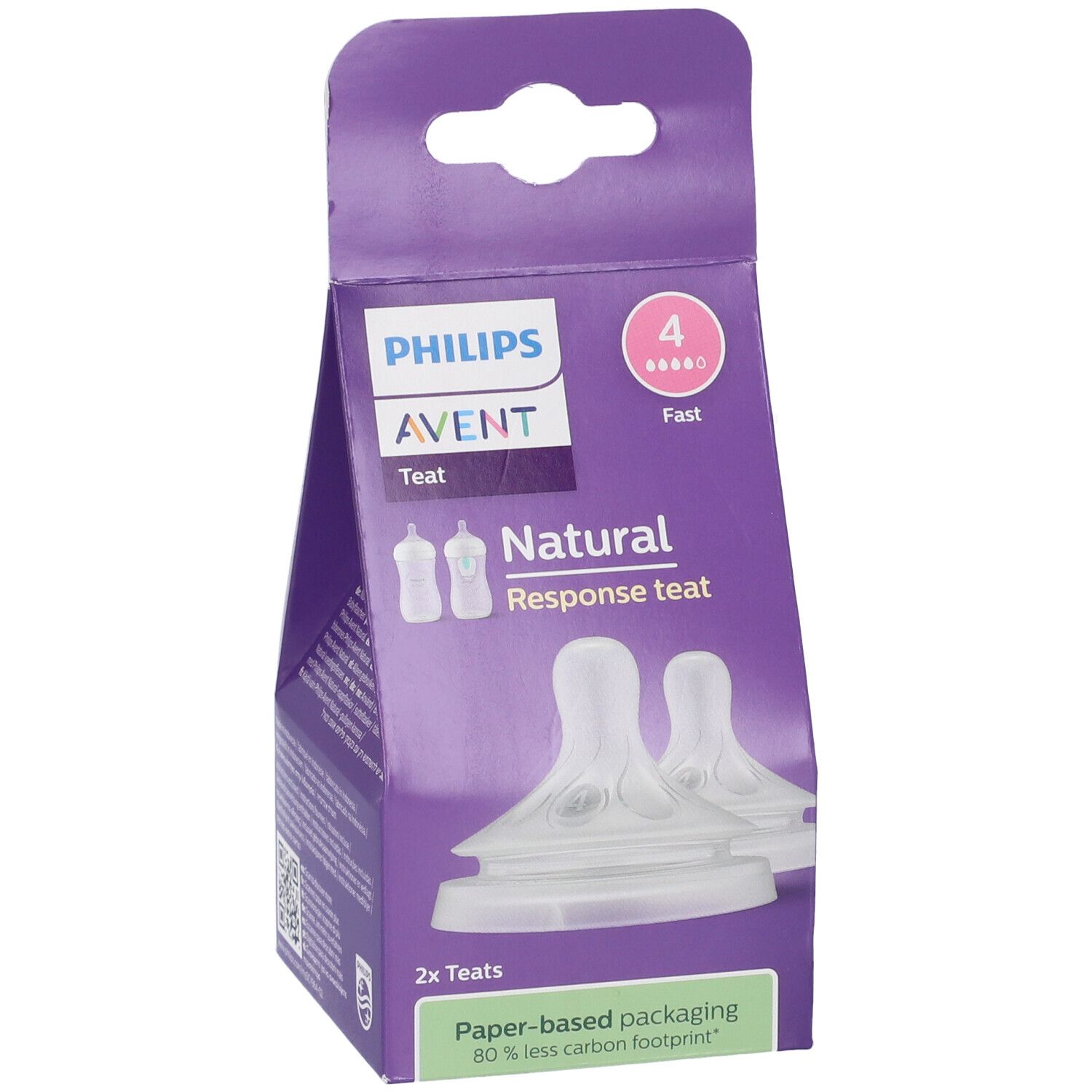 Confezione Philips Avent Natural Response. Due tettarelle visibili. Scatola viola. 4 fori, veloce. Imballaggio carta.