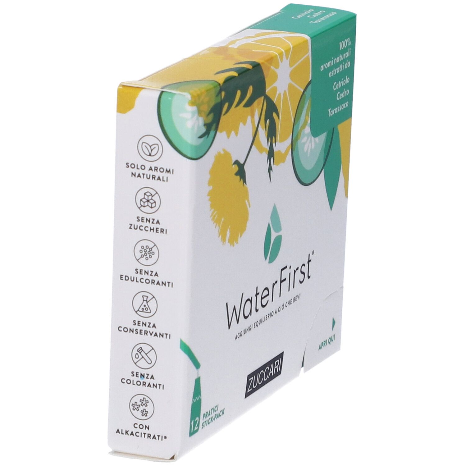 Confezione WaterFirst. Scritte: 12 stick, Zuccari, senza zuccheri, senza coloranti, con Alkacitrat.