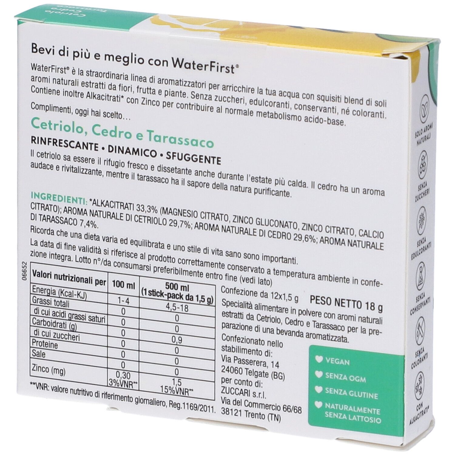 Retro confezione WaterFirst. Testo: Cetriolo, Cedro e Tarassaco, ingredienti, valori nutrizionali, vegano, senza OGM.