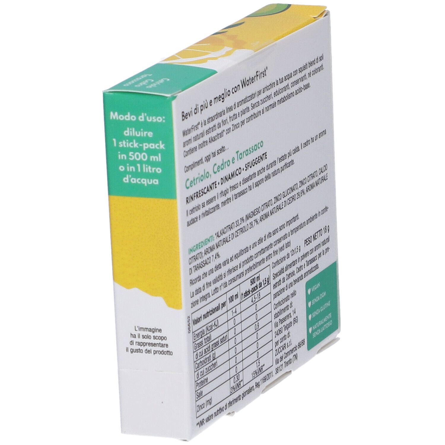 Confezione WaterFirst, vista laterale. Testo: Cetriolo, Cedro e Tarassaco, modo d'uso, valori nutrizionali.