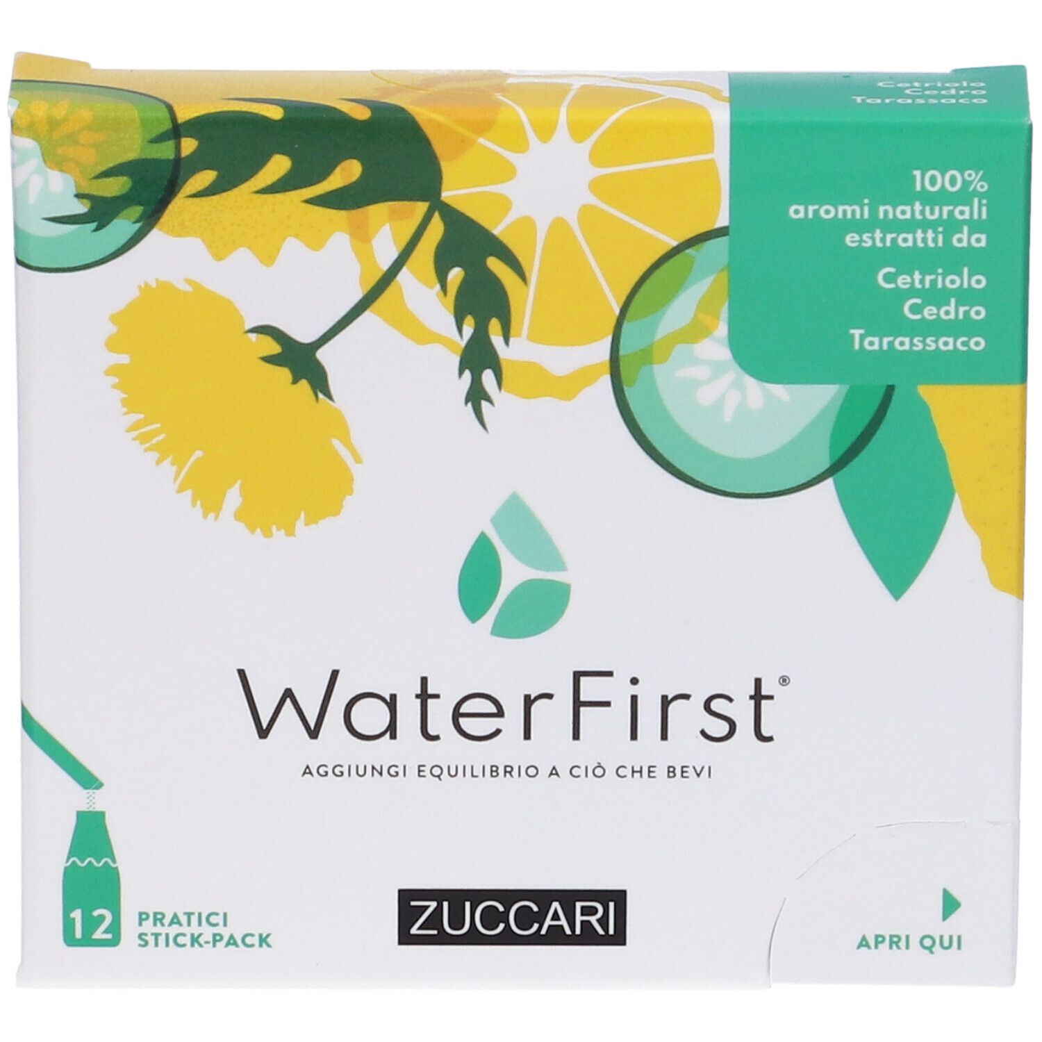 Scatola WaterFirst con 12 stick. Scritte: Zuccari, aromi di Cetriolo, Cedro, Tarassaco.