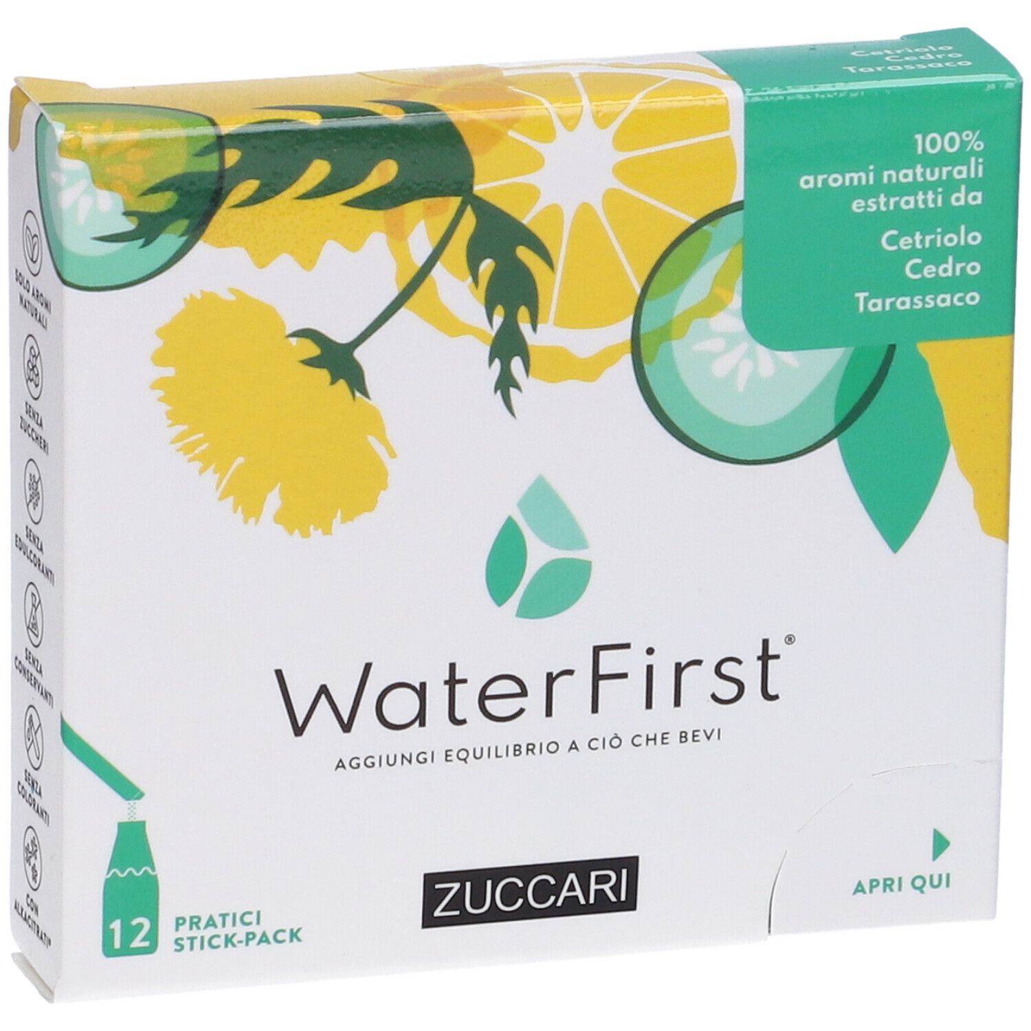 Scatola WaterFirst con 12 stick. Scritte: Zuccari, aromi di Cetriolo, Cedro, Tarassaco.