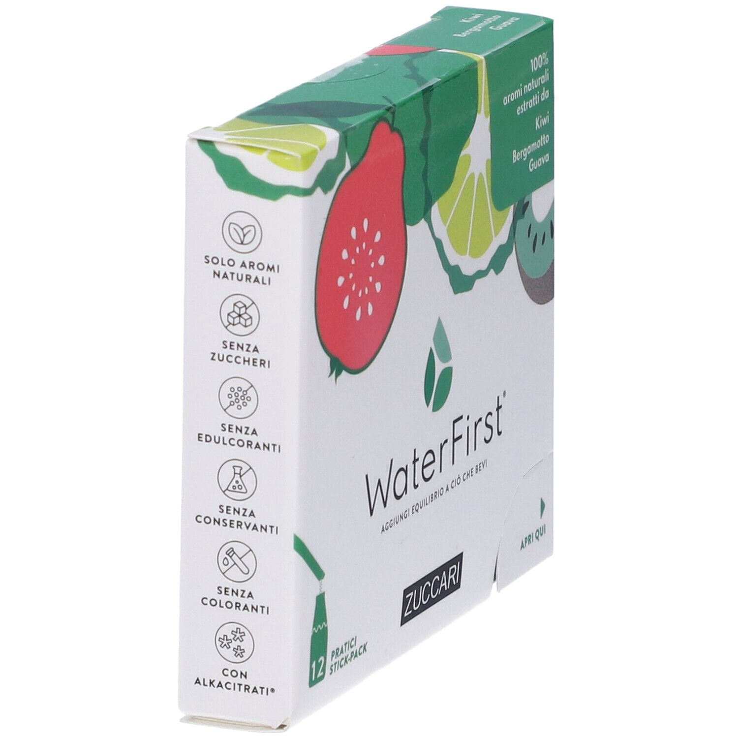 Scatola WaterFirst con kiwi, bergamotto e guava. 12 stick. Senza zuccheri, edulcoranti, conservanti, coloranti.