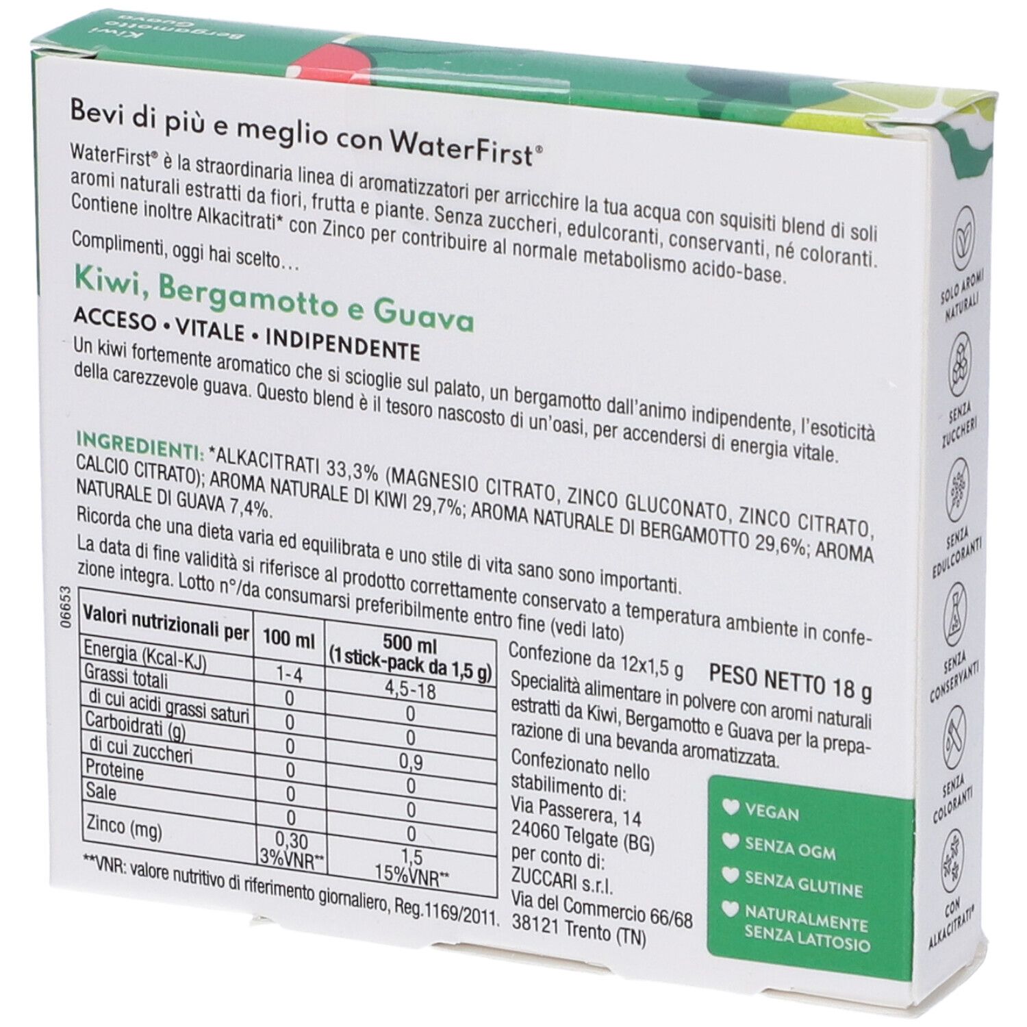Retro confezione WaterFirst. Ingredienti, valori nutrizionali e informazioni produttore. Kiwi, bergamotto, guava.