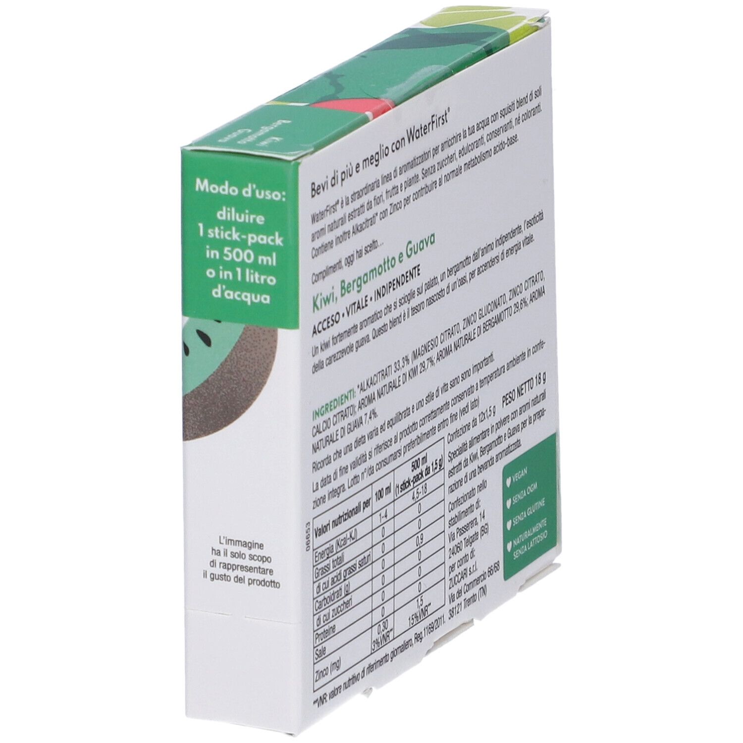 Confezione WaterFirst con kiwi, bergamotto e guava. Modo d'uso e valori nutrizionali. Peso netto 18g.