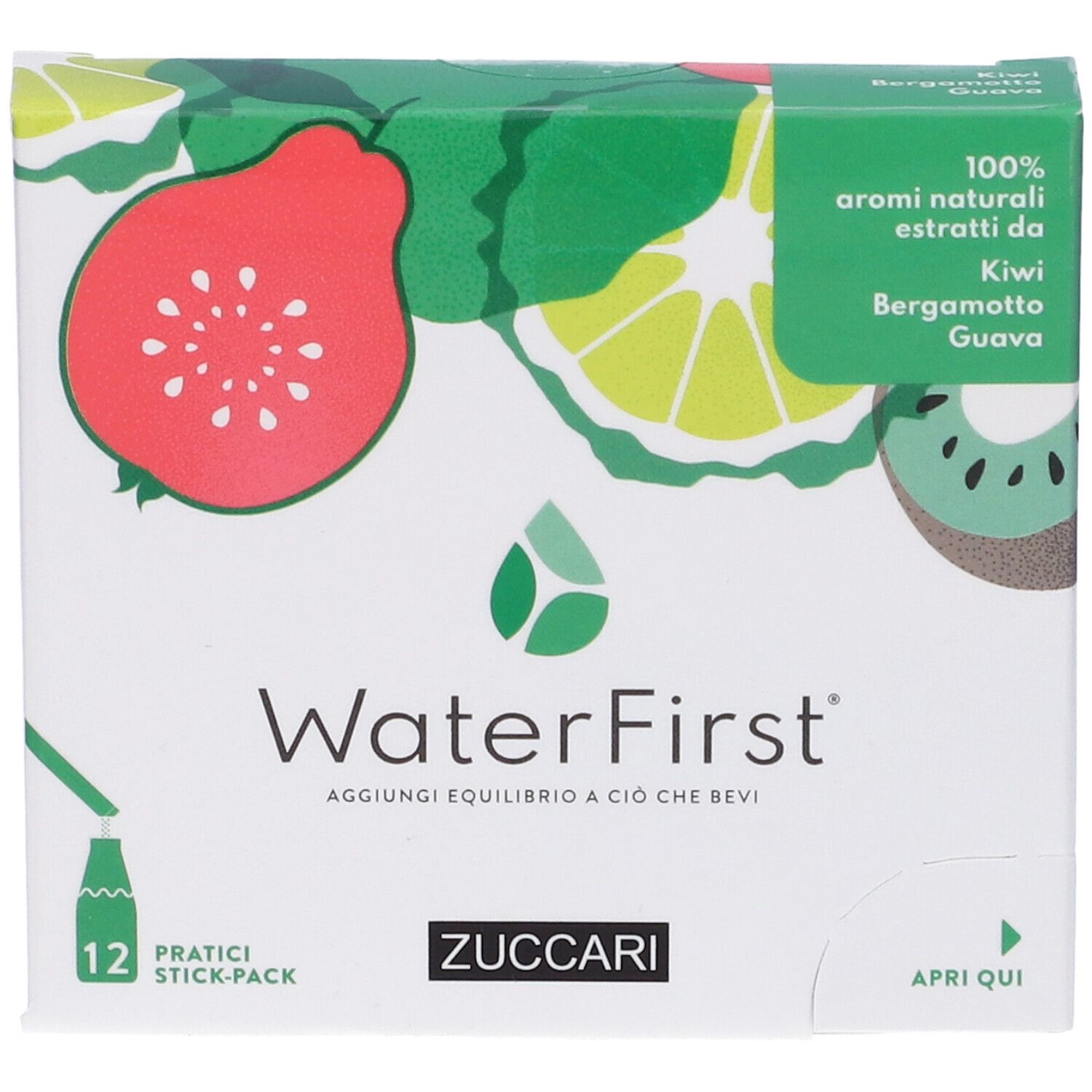Scatola WaterFirst con kiwi, bergamotto e guava. 12 stick-pack. Zuccari. Apri qui.