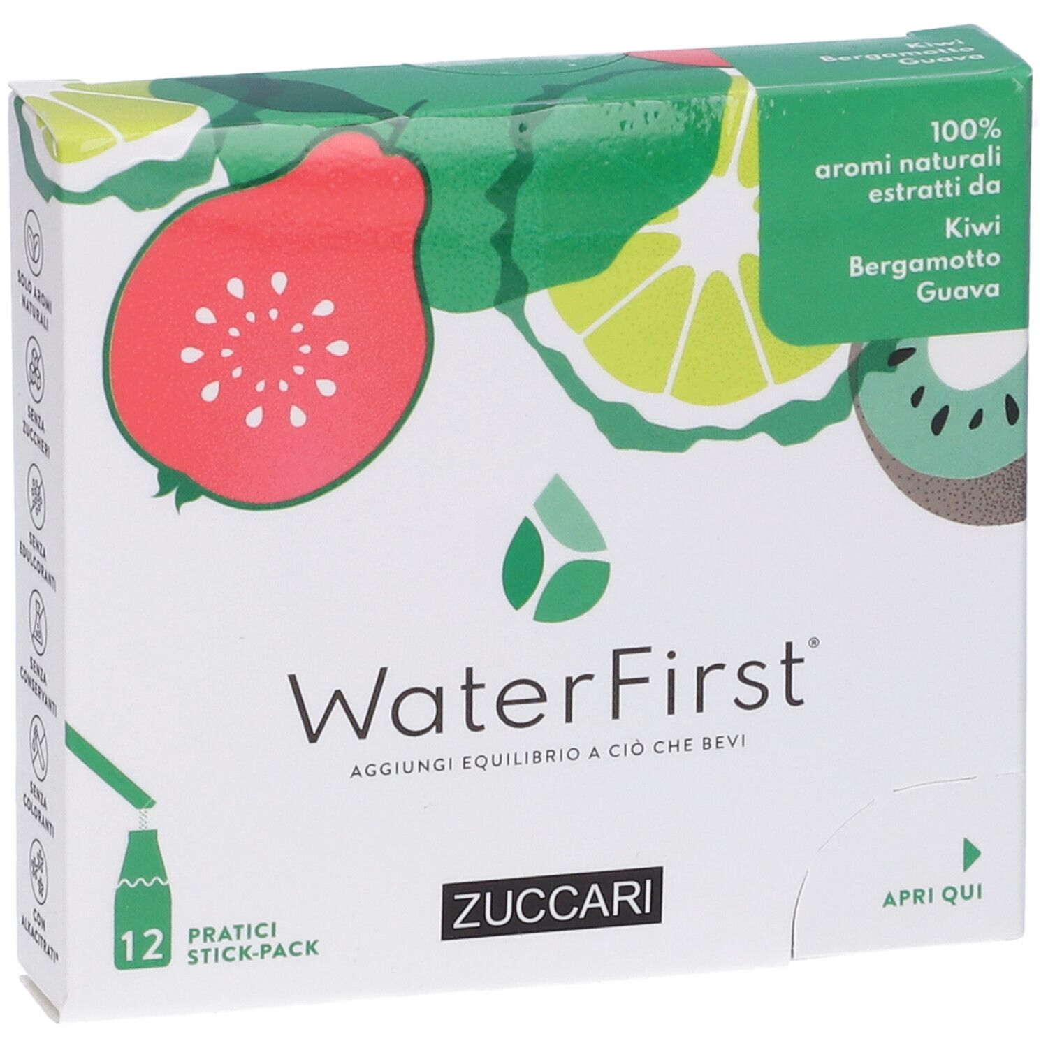Scatola WaterFirst con kiwi, bergamotto e guava. 12 stick-pack. Zuccari. 100% aromi naturali.