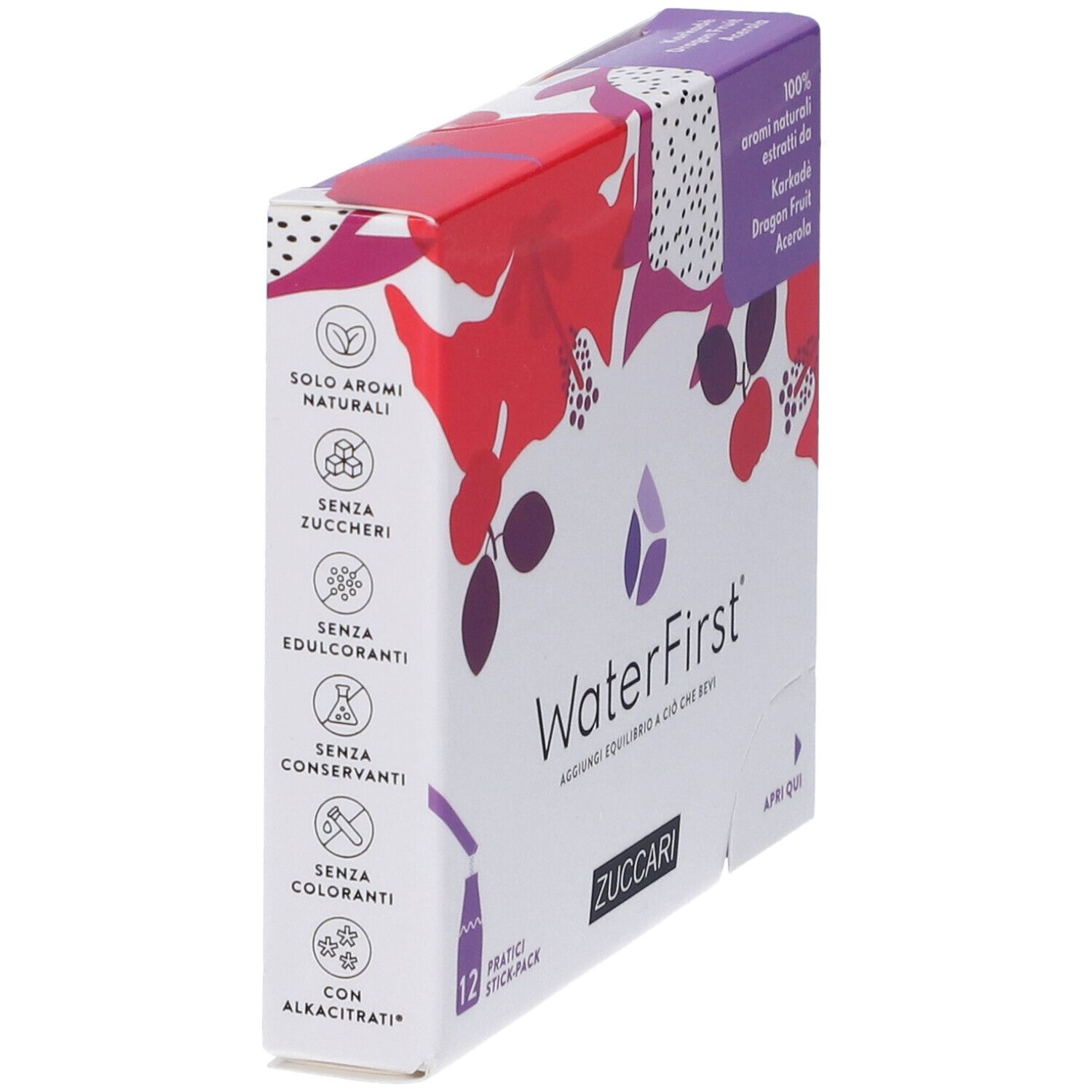 Confezione WaterFirst con Karkadè, frutto del drago, acerola. 12 stick-pack. Senza zuccheri, conservanti.