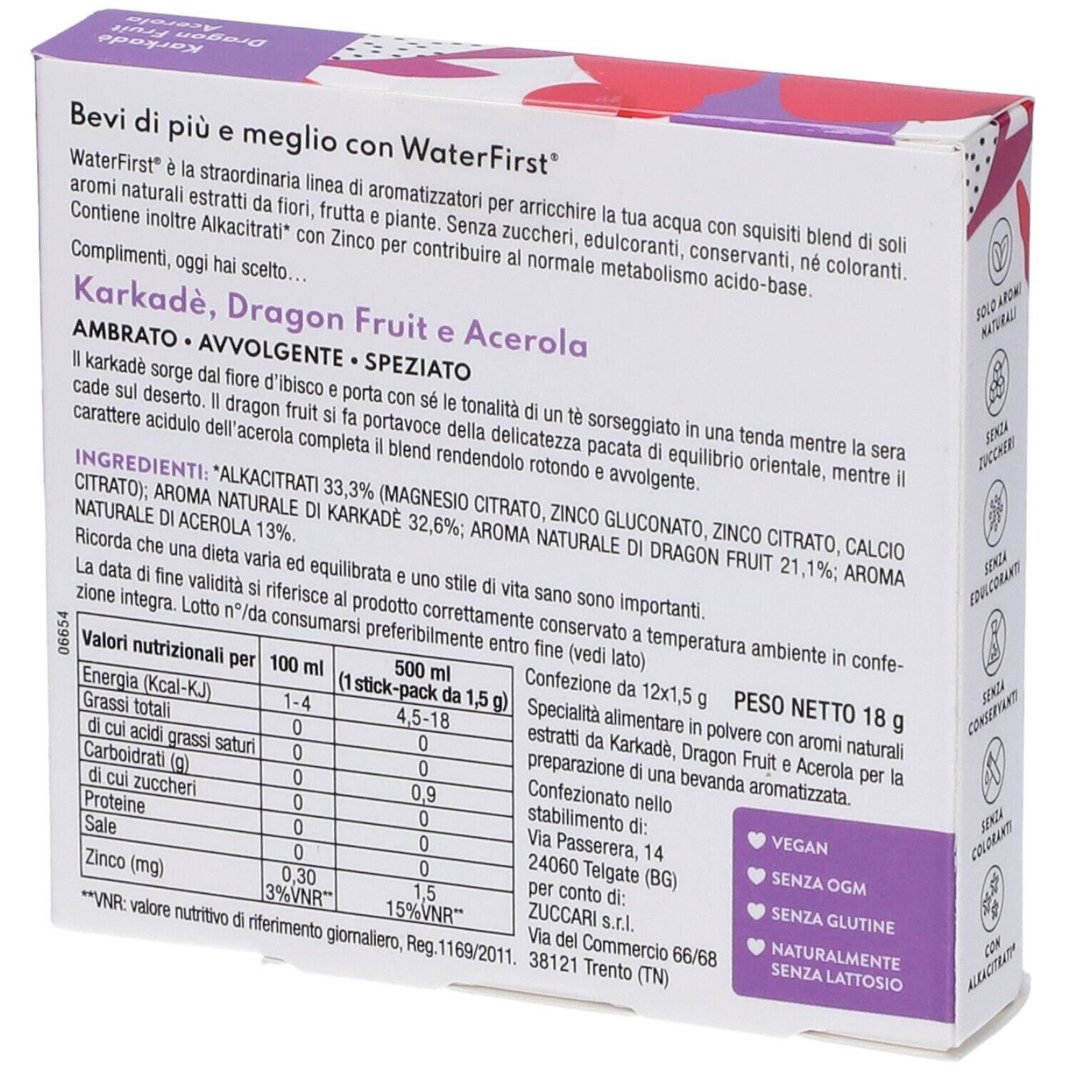 Retro confezione WaterFirst. Ingredienti: Karkadè, frutto del drago, acerola. Valori nutrizionali. Vegan.