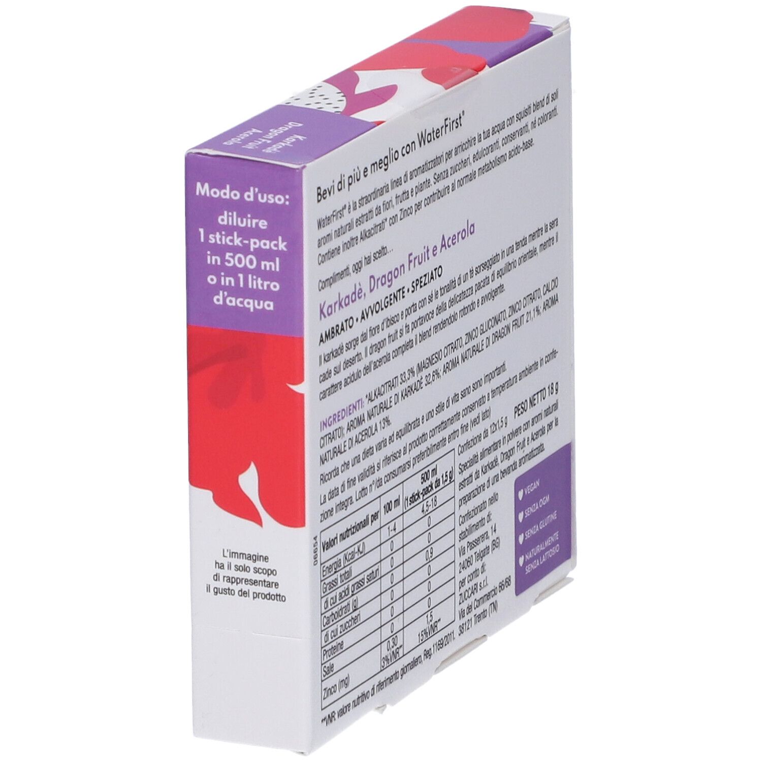 Confezione WaterFirst con Karkadè, frutto del drago, acerola. Modo d'uso. Valori nutrizionali. Vegan.