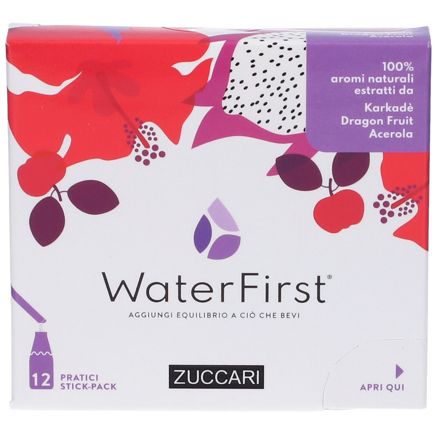 Confezione WaterFirst con Karkadè, frutto del drago e acerola. 12 stick-pack. Logo Zuccari. Istruzioni apertura.