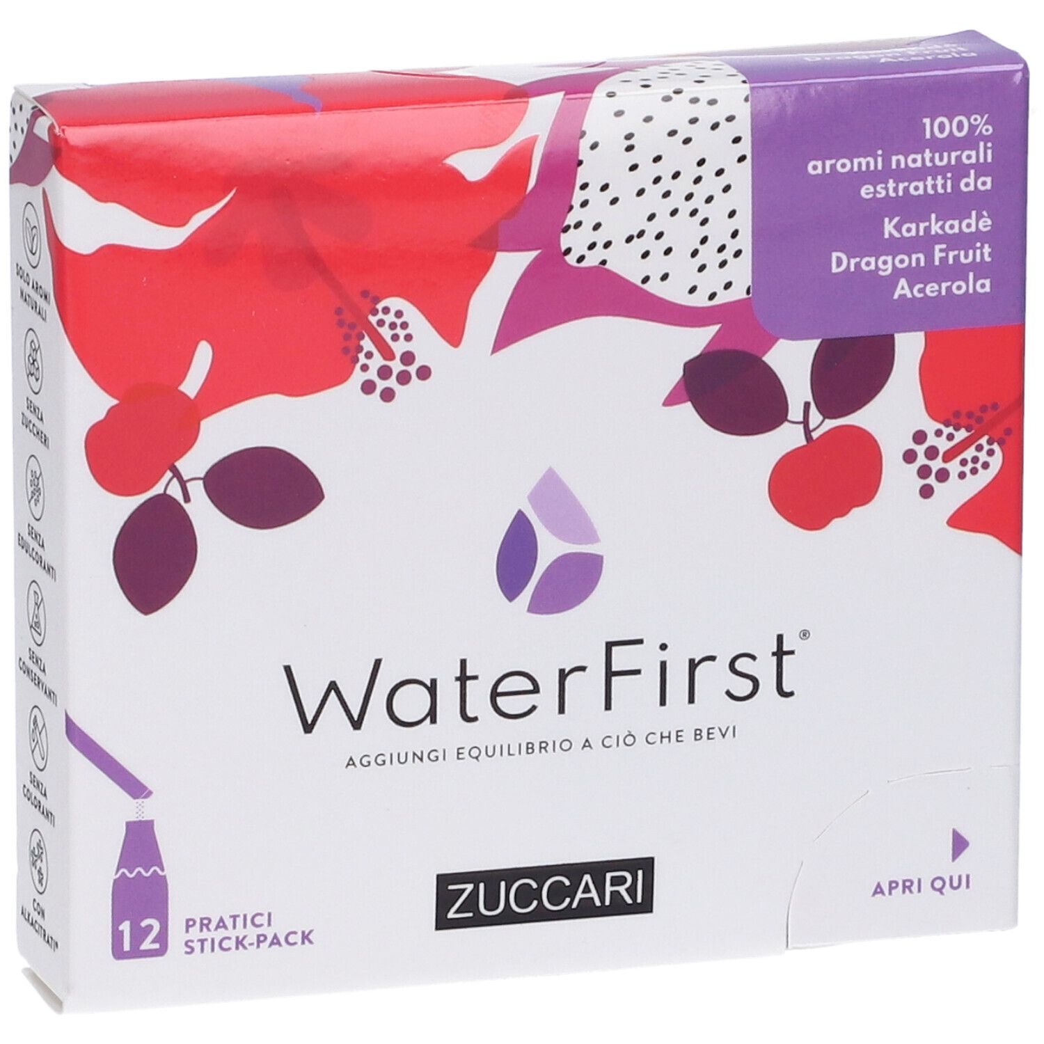 Confezione WaterFirst con Karkadè, frutto del drago e acerola. 12 stick-pack. Logo Zuccari. Istruzioni apertura.