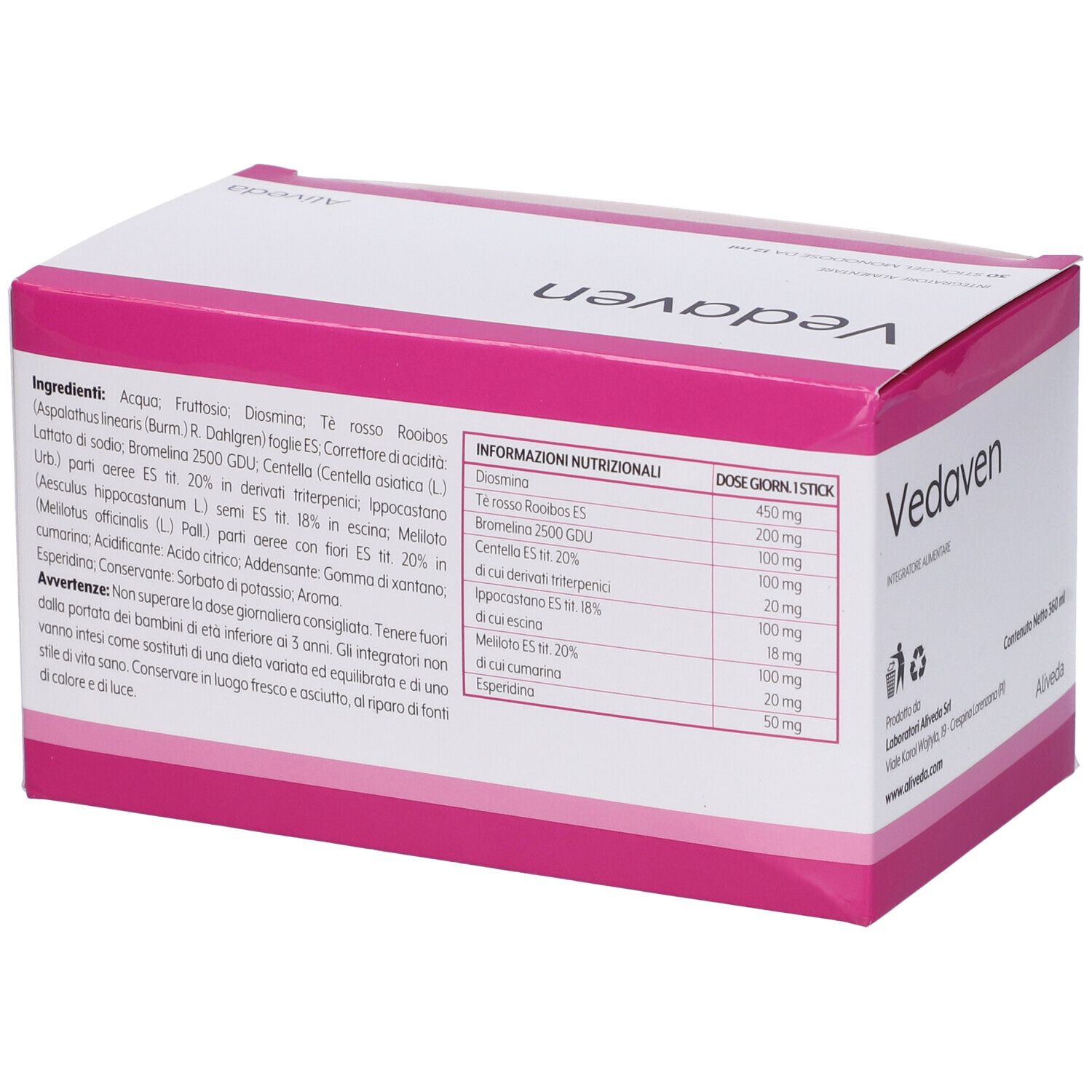 Retro della scatola rosa "Vedaven". Contiene ingredienti e informazioni nutrizionali. Logo "Aliveda".