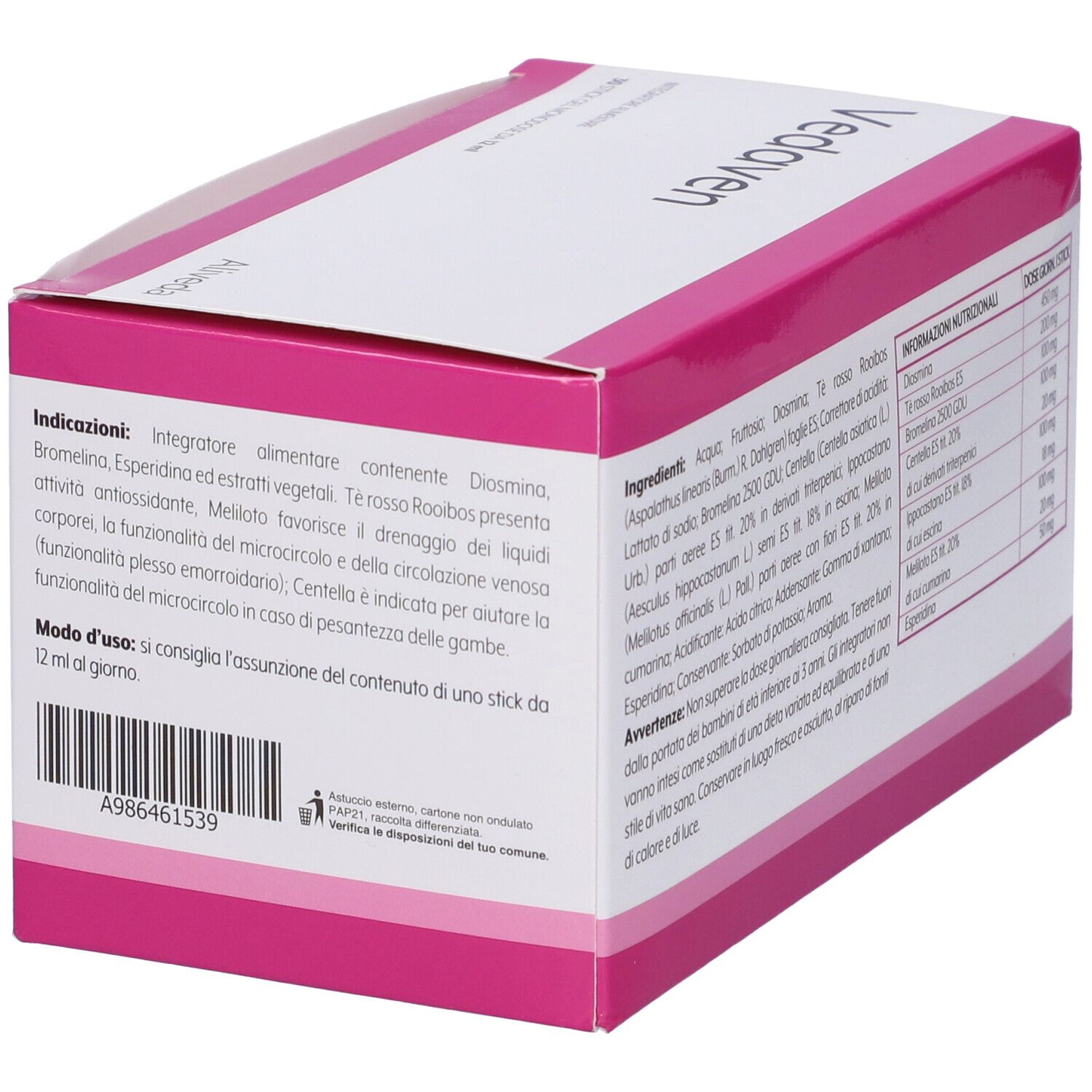 Scatola "Vedaven" con ingredienti e istruzioni per l'uso. Rosa e bianco. Logo "Aliveda".