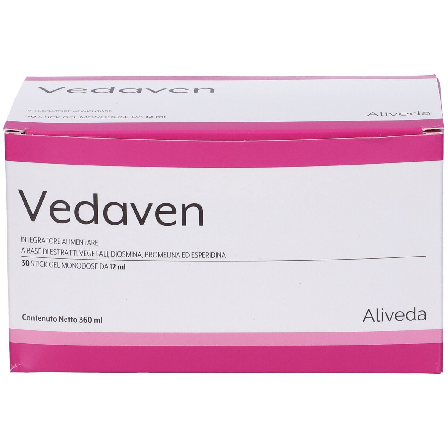 Scatola rosa "Vedaven". Contiene 30 stick. Logo "Aliveda". Testo: "Integratore alimentare".