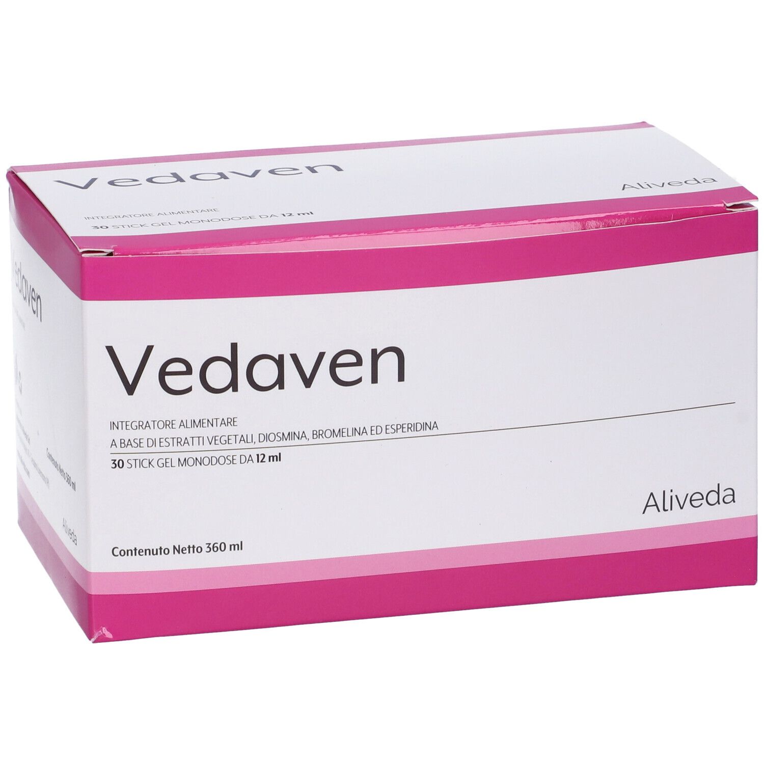 Scatola rosa "Vedaven". Logo "Aliveda". Testo: "Integratore alimentare". Contenuto: 360 ml.