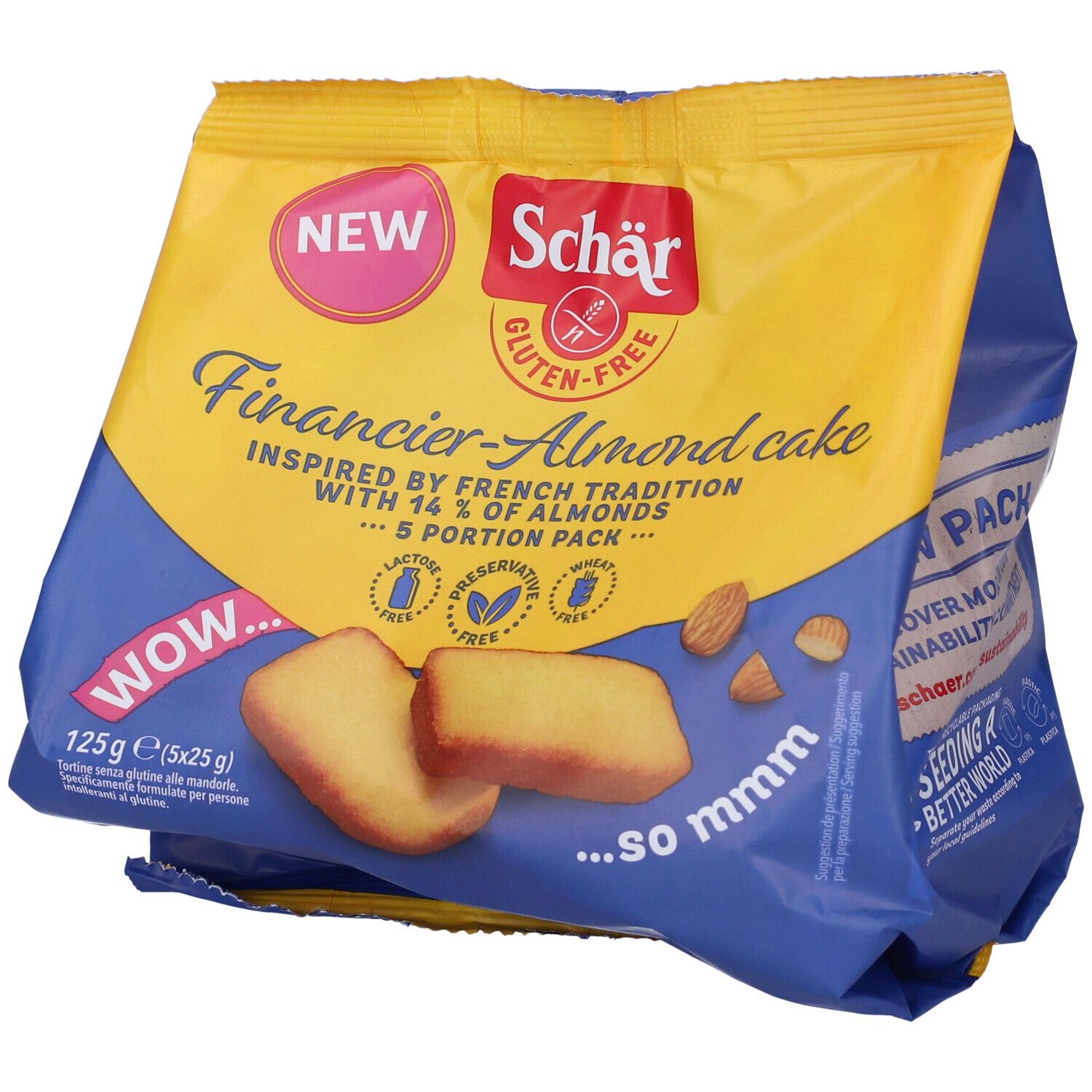 Confezione di Financier-Almond cake senza glutine Schär inclinata. 5 porzioni. Con 14% mandorle. Senza lattosio, conservanti.