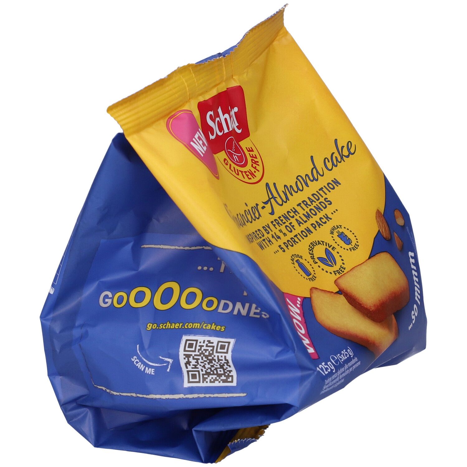 Confezione aperta di Financier-Almond cake senza glutine Schär. 5 porzioni. Con codice QR e indirizzo web.