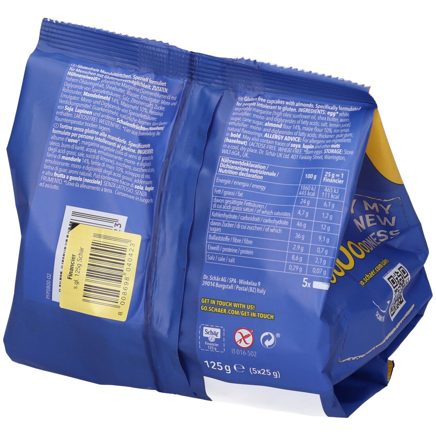 Retro della confezione di Financier-Almond cake senza glutine Schär. Contiene informazioni nutrizionali, ingredienti e allergeni.