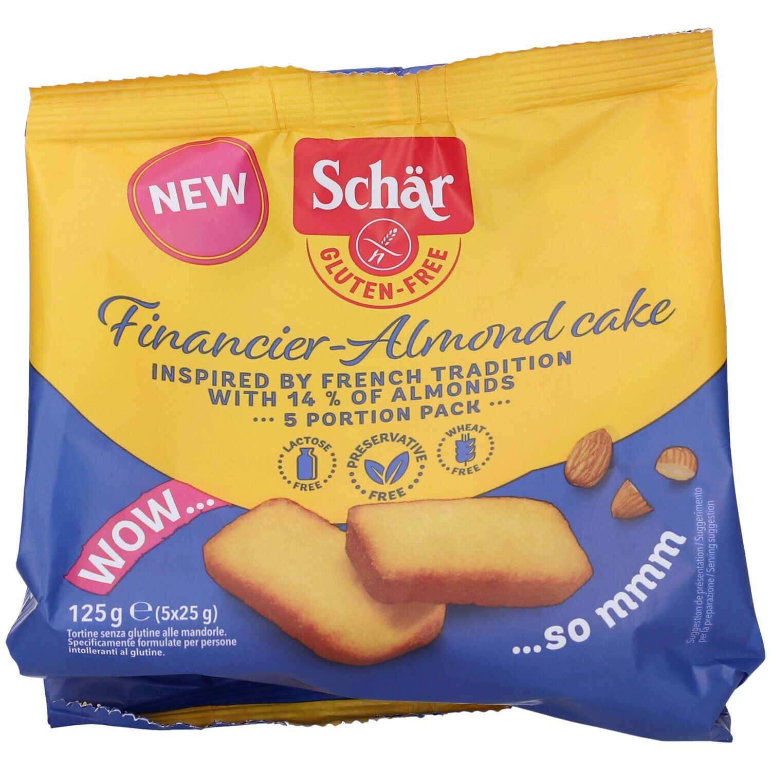 Confezione di Financier-Almond cake senza glutine Schär. 5 porzioni. Con 14% mandorle. Senza lattosio, conservanti e frumento.