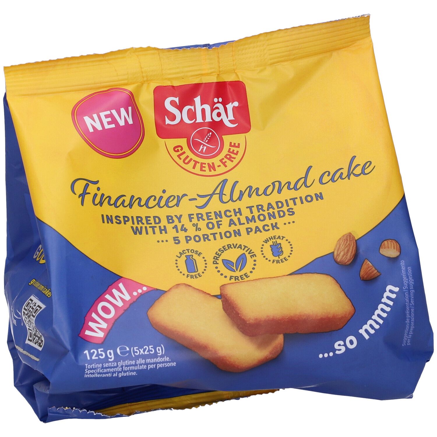 Confezione di Financier-Almond cake senza glutine Schär. 5 porzioni. Con 14% mandorle. Senza lattosio, conservanti e frumento.