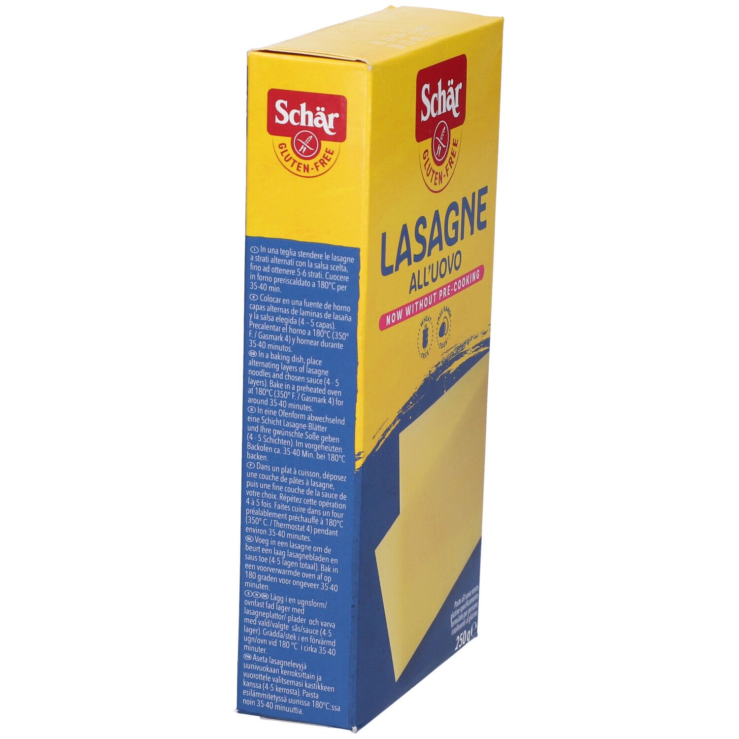 Scatola gialla di lasagne senza glutine. Scritto: Schär, Lasagne all'uovo. Vista laterale con testo e istruzioni per la preparazione.