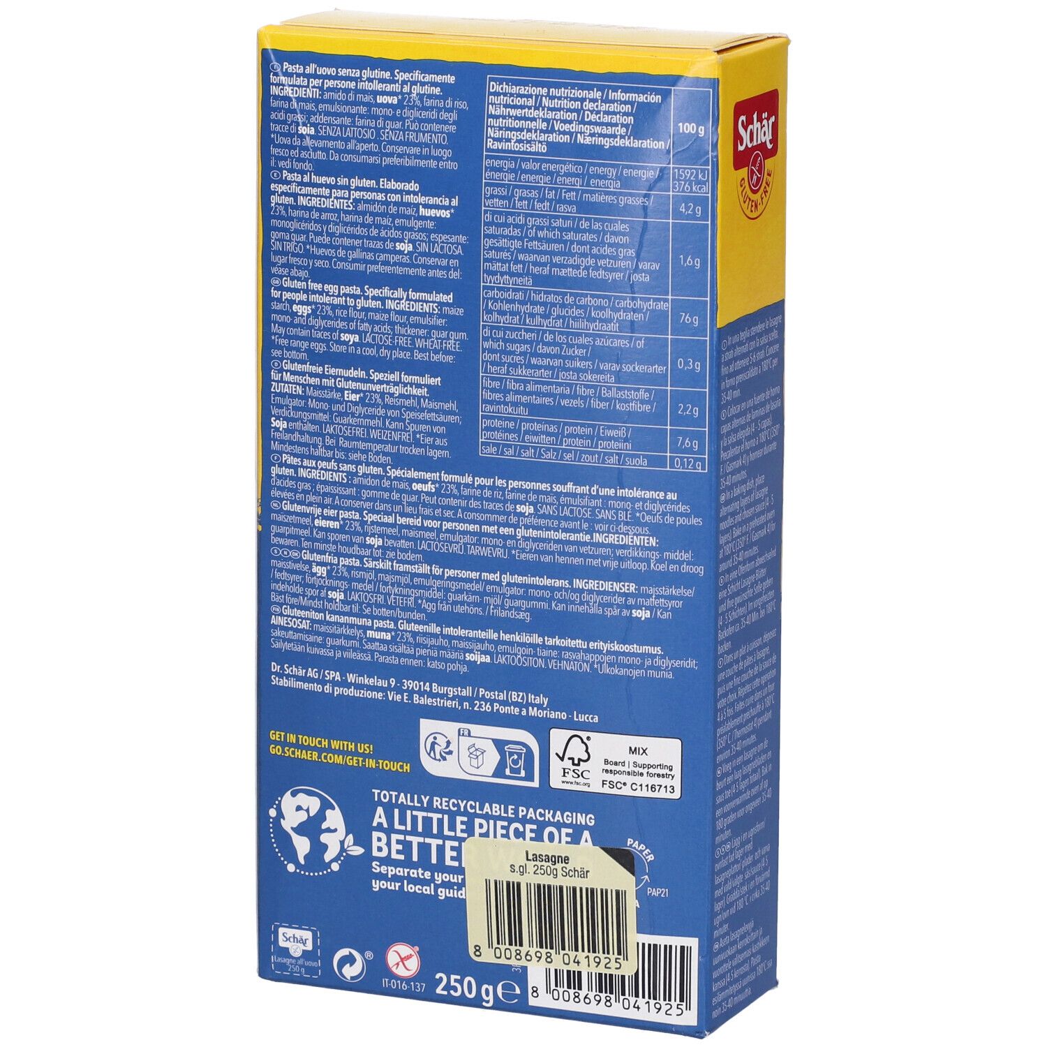 Retro della scatola gialla di lasagne senza glutine. Contiene informazioni nutrizionali, elenco ingredienti e logo riciclo.
