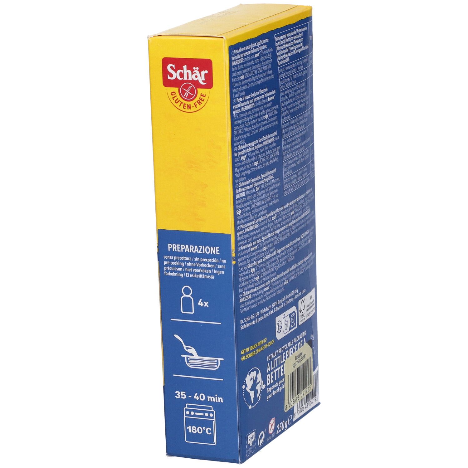 Vista laterale della scatola gialla di lasagne senza glutine. Istruzioni per la preparazione con simboli per persone, padella e forno.