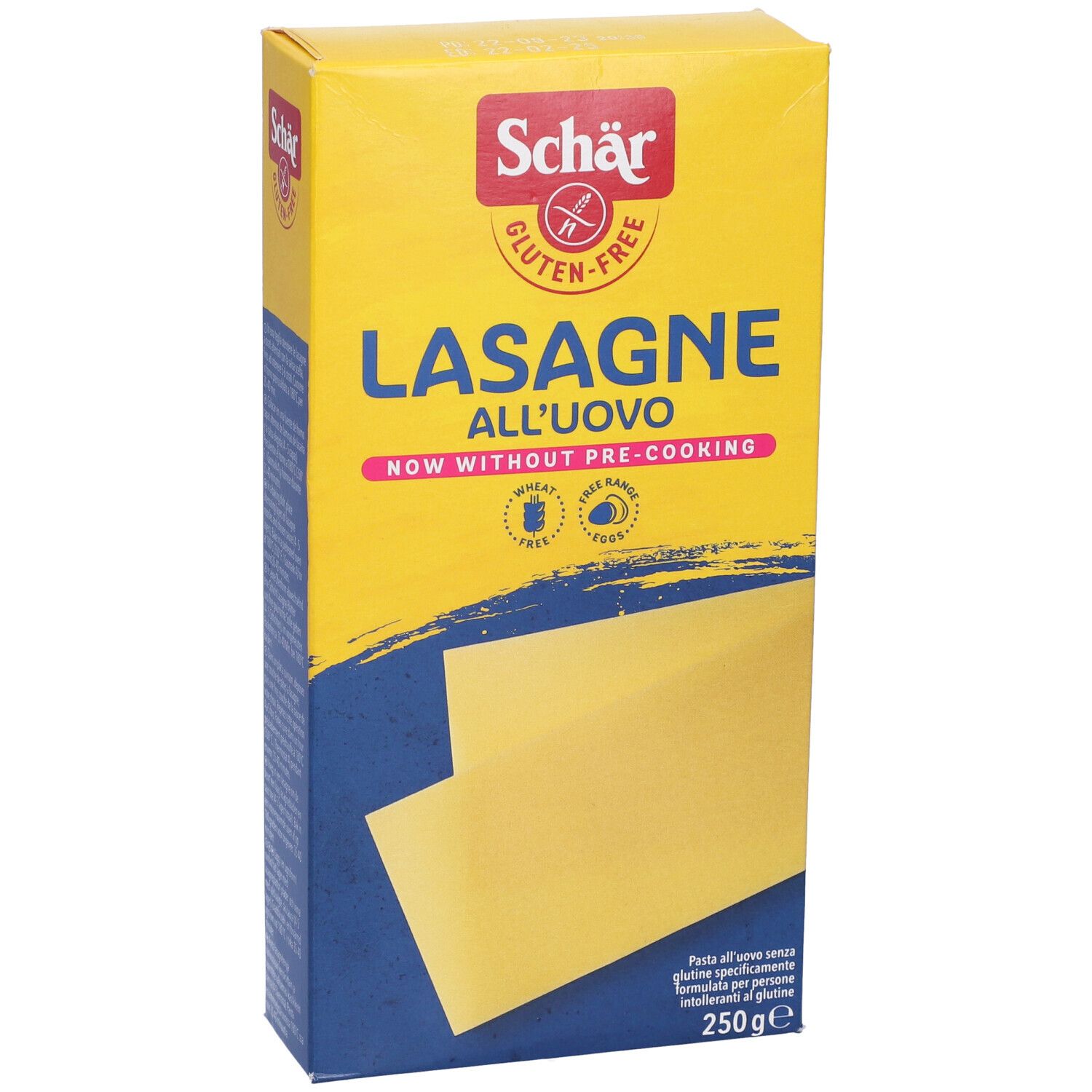 Scatola gialla di lasagne senza glutine. Scritto: Schär, Lasagne all'uovo, now without pre-cooking. Due fogli di lasagne visibili.