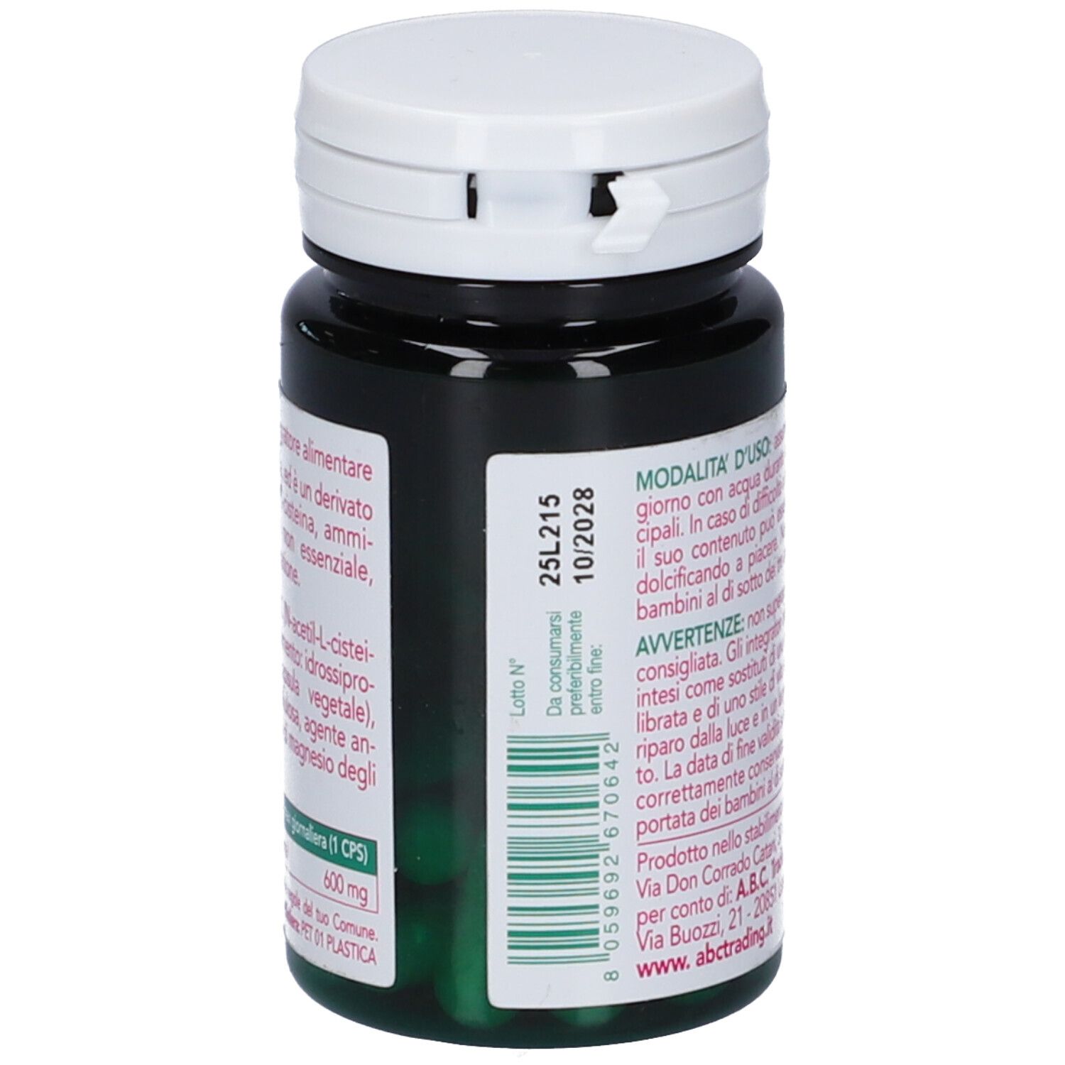 Flacone scuro, tappo bianco. Retro con testo e numero di lotto. Capsule verdi visibili.