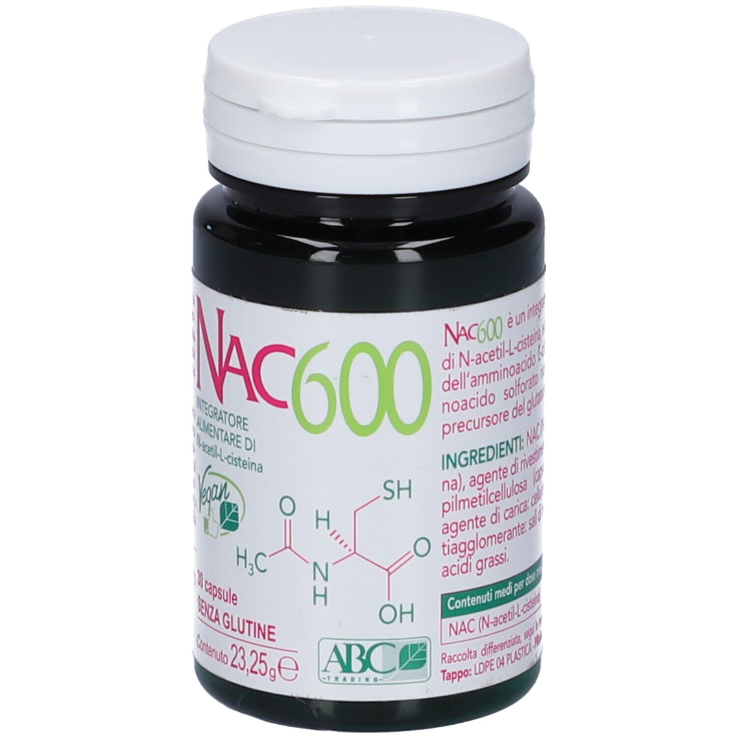Flacone scuro, tappo bianco. Scritta Nac 600, 30 capsule, senza glutine. Logo vegano. Formula chimica.