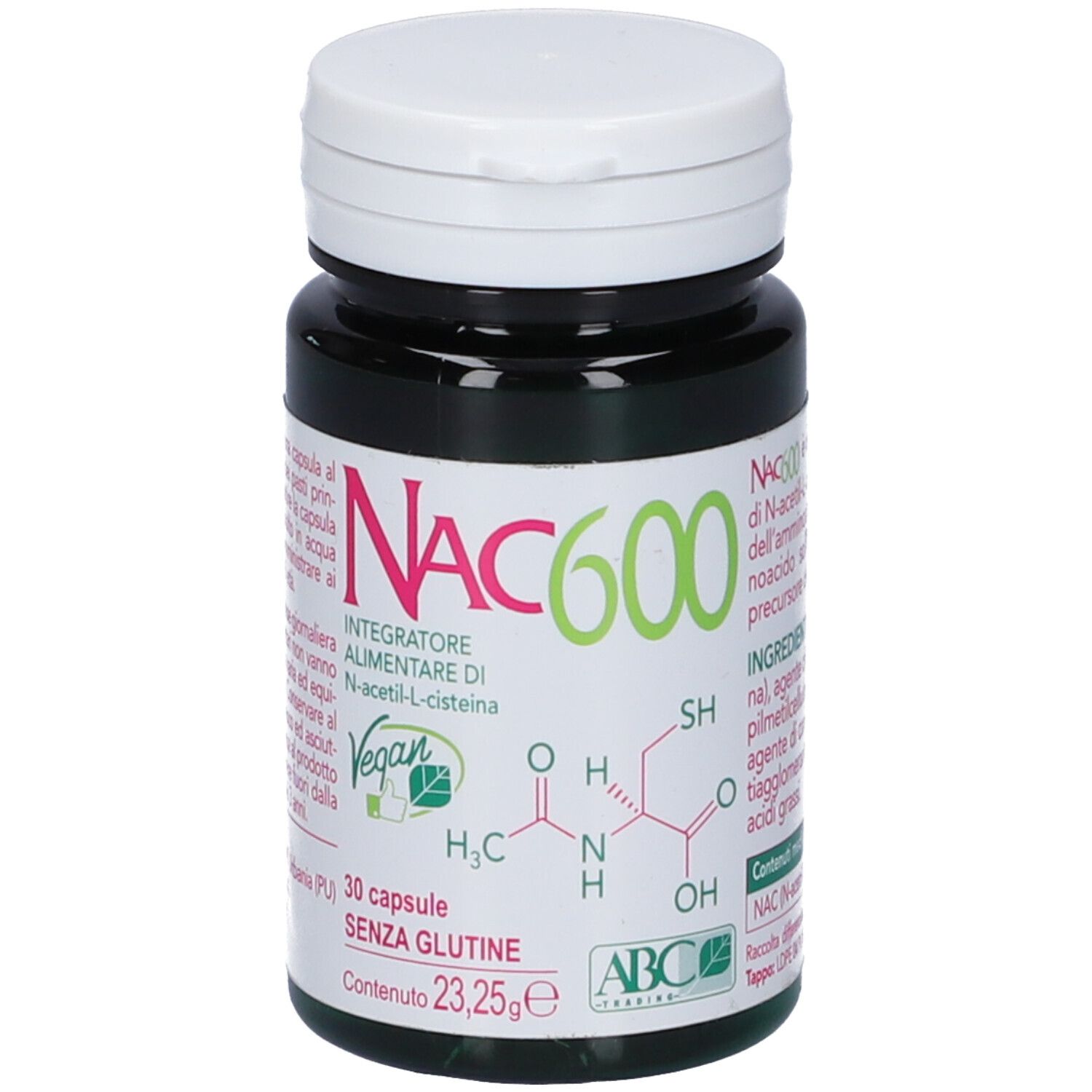 Flacone scuro, tappo bianco. Scritta Nac 600, 30 capsule, senza glutine. Logo vegano. Formula chimica.